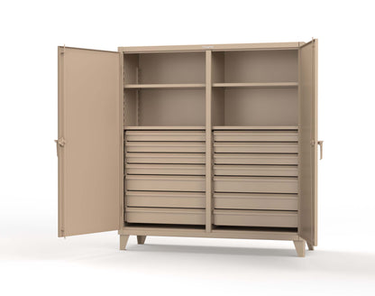 Extreme Duty 12 GA Double Shift Cabinet with 14 Drawers, 4 Shelves - 72 In. W x 24 In. D x 78 In. H - 66-DS-244-14DB-1019