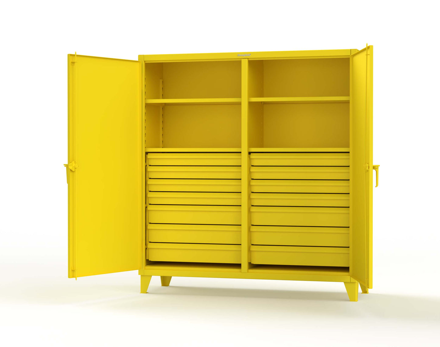 Extreme Duty 12 GA Double Shift Cabinet with 14 Drawers, 4 Shelves - 72 In. W x 24 In. D x 78 In. H - 66-DS-244-14DB-1021