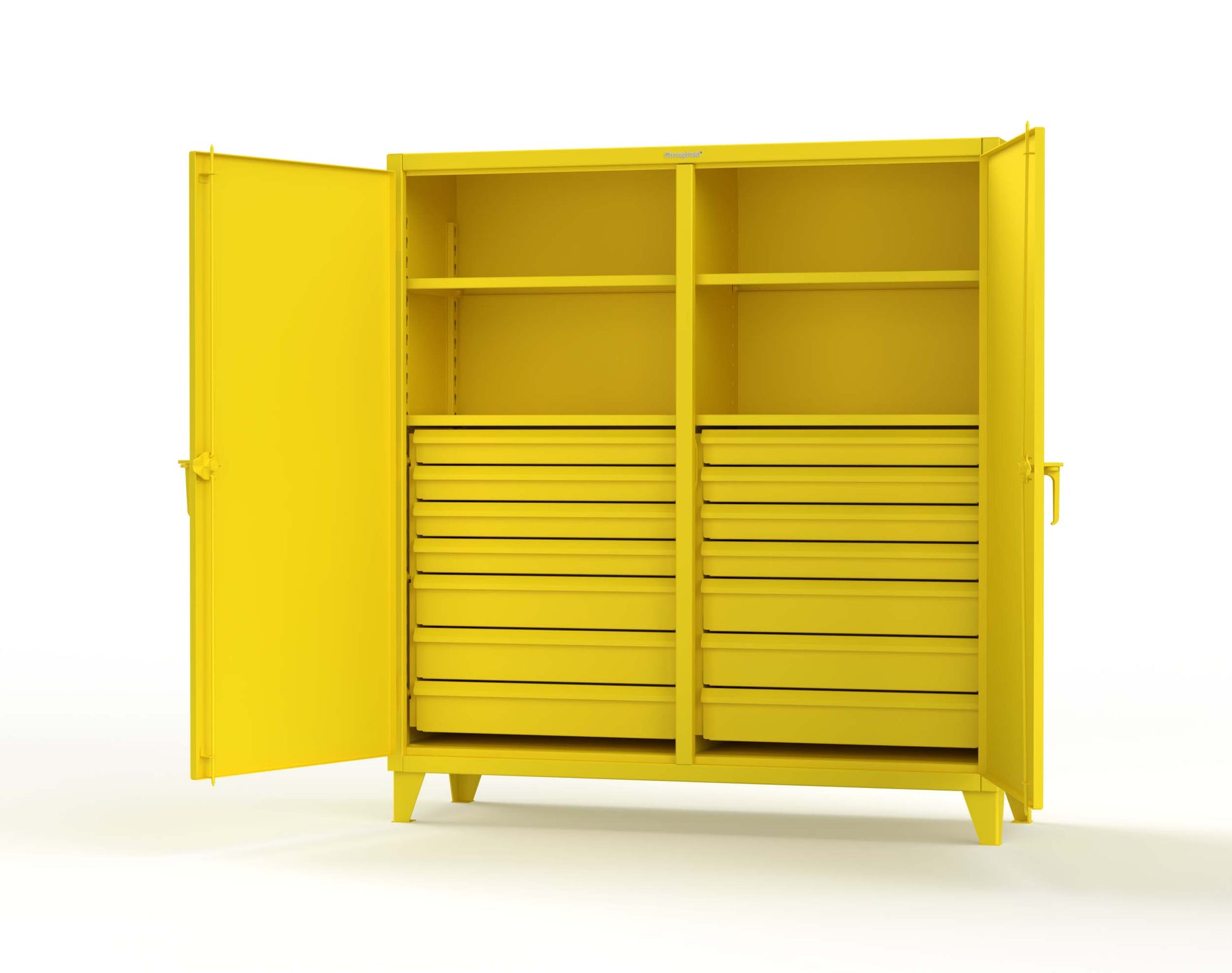 Extreme Duty 12 GA Double Shift Cabinet with 14 Drawers, 4 Shelves - 72 In. W x 24 In. D x 78 In. H - 66-DS-244-14DB-1021