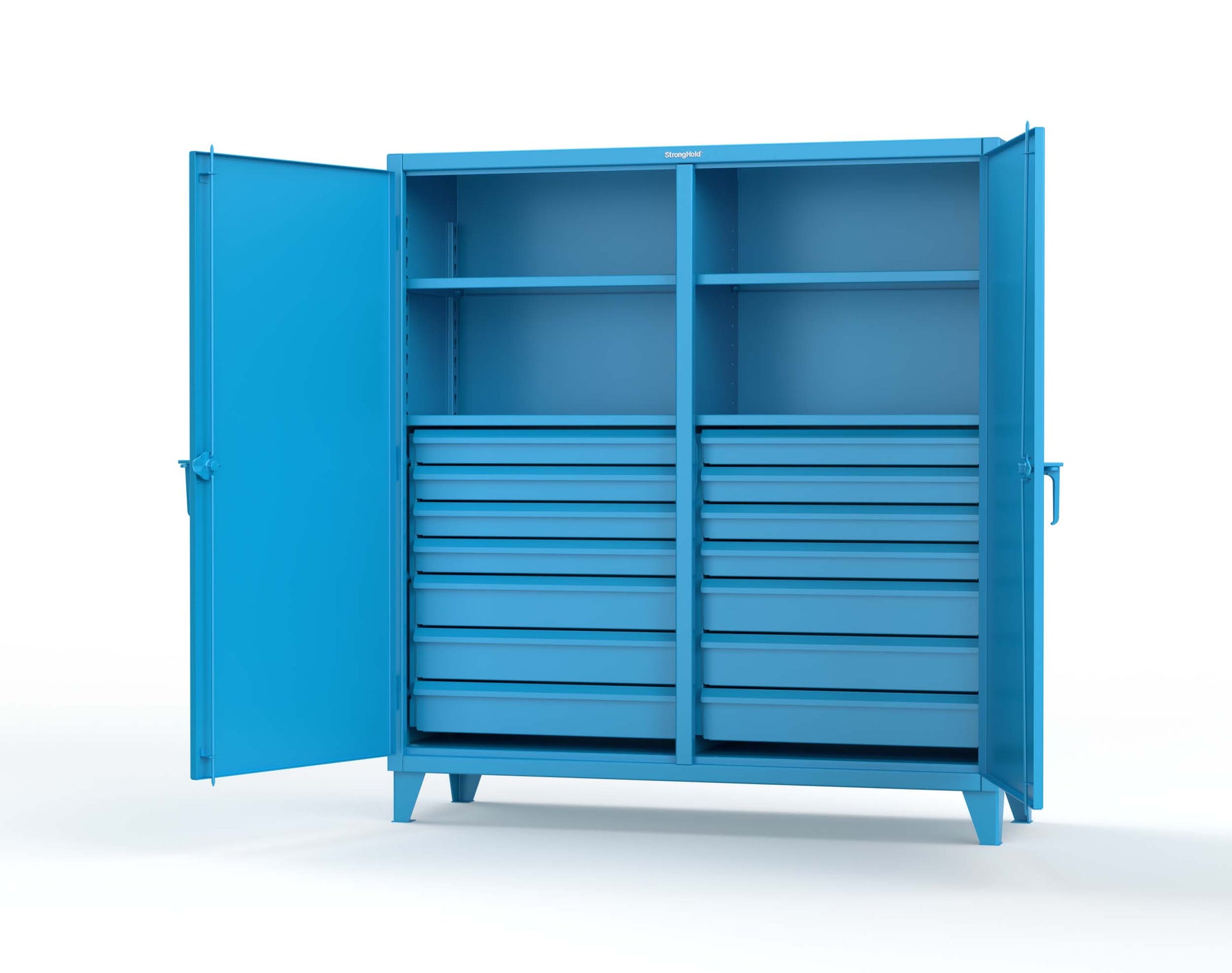 Extreme Duty 12 GA Double Shift Cabinet with 14 Drawers, 4 Shelves - 72 In. W x 24 In. D x 78 In. H - 66-DS-244-14DB-5012