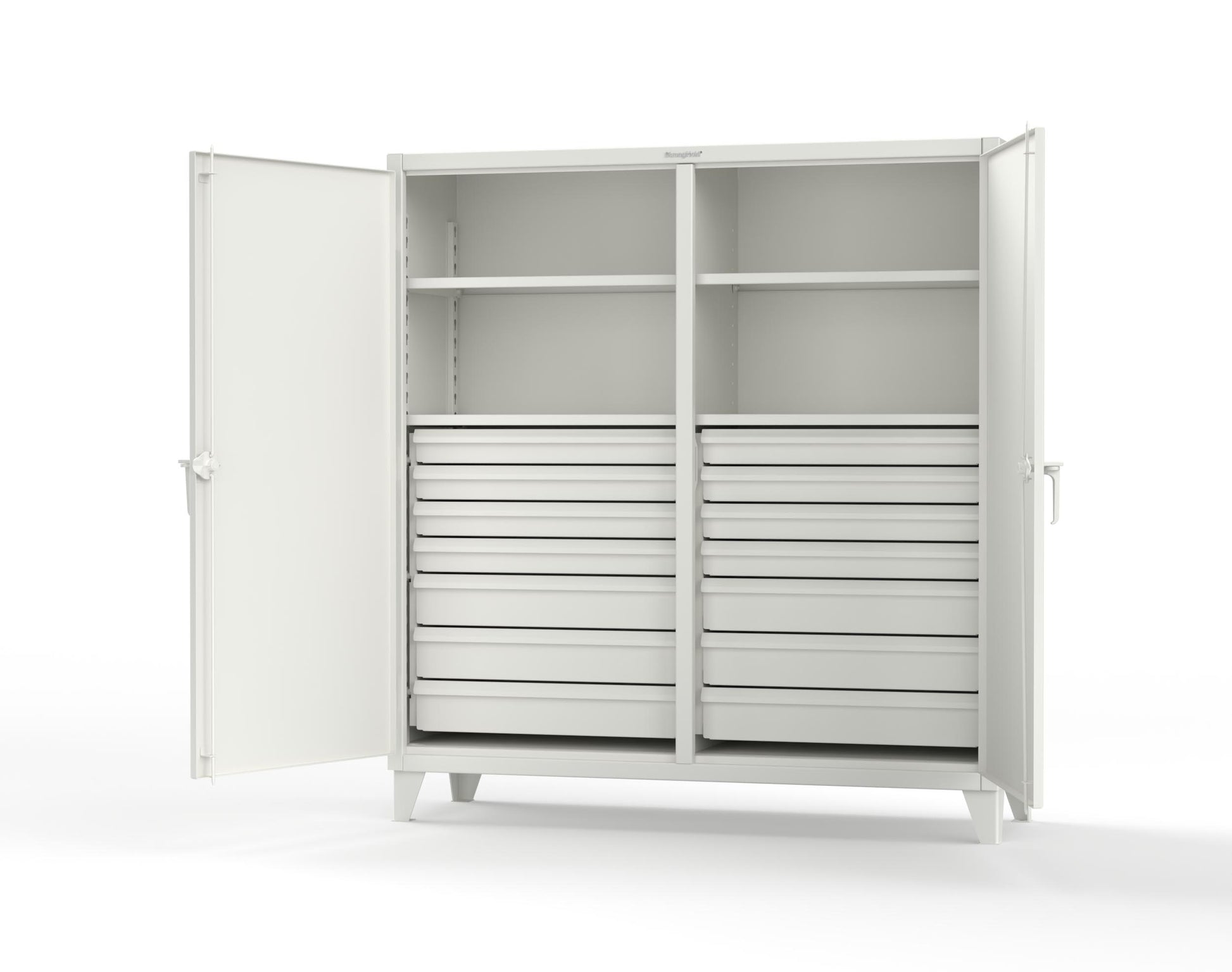Extreme Duty 12 GA Double Shift Cabinet with 14 Drawers, 4 Shelves - 72 In. W x 24 In. D x 78 In. H - 66-DS-244-14DB-9003