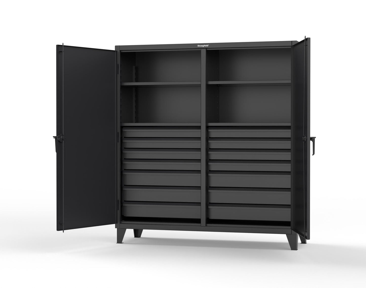 Extreme Duty 12 GA Double Shift Cabinet with 14 Drawers, 4 Shelves - 72 In. W x 24 In. D x 78 In. H - 66-DS-244-14DB-9005