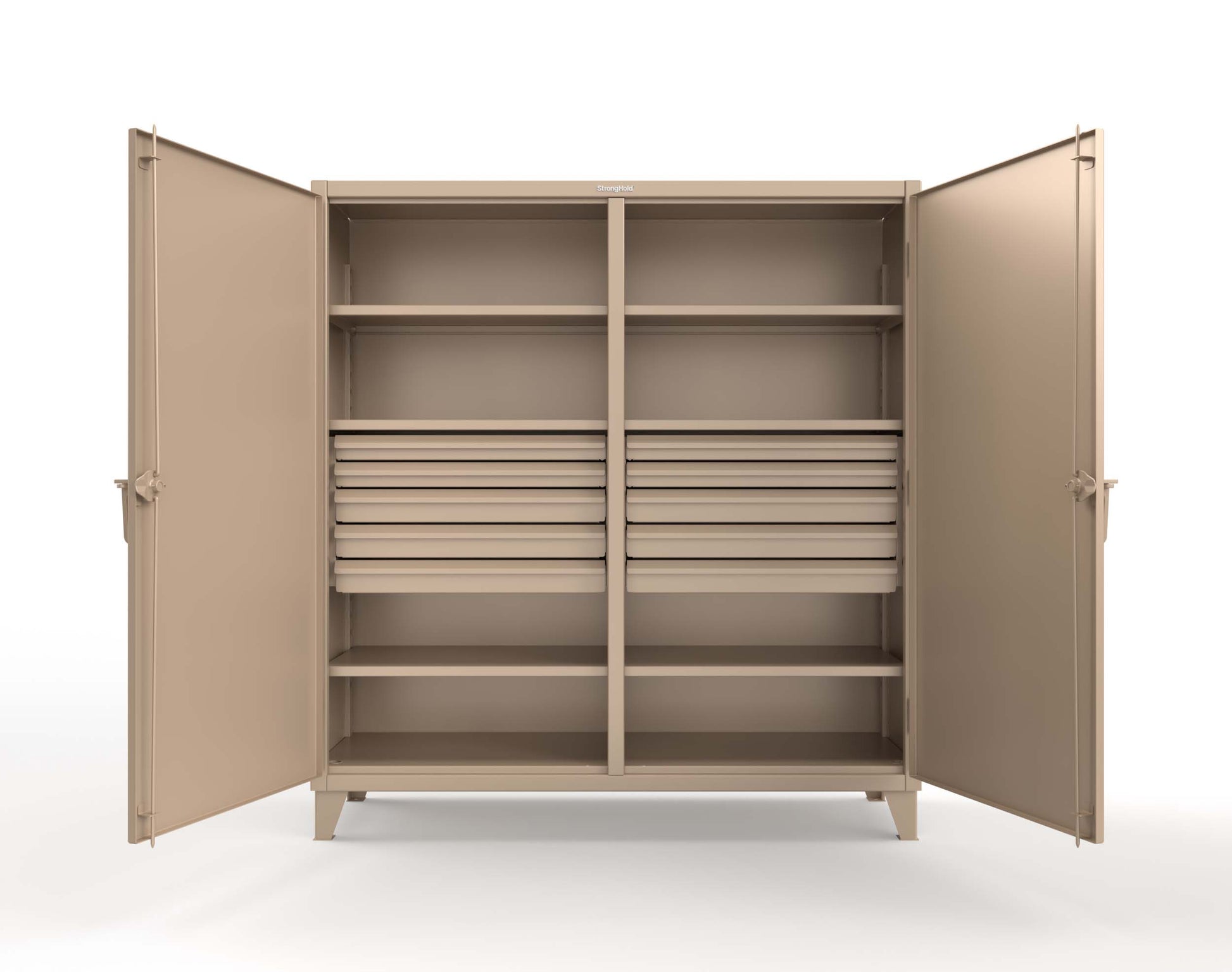 Extreme Duty 12 GA Double Shift Cabinet with 10 Drawers, 6 Shelves - 72 In. W x 24 In. D x 78 In. H - 66-DS-246-10DB-1019