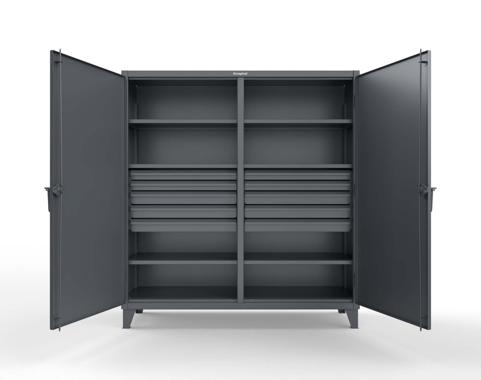 Extreme Duty 12 GA Double Shift Cabinet with 10 Drawers, 6 Shelves - 72 In. W x 24 In. D x 78 In. H - 66-DS-246-10DB-7024