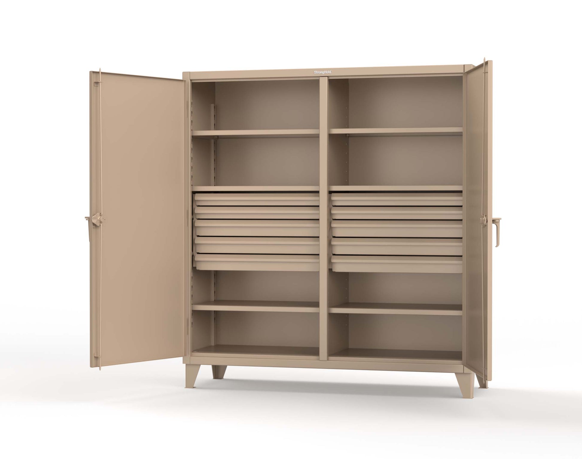 Extreme Duty 12 GA Double Shift Cabinet with 10 Drawers, 6 Shelves - 72 In. W x 24 In. D x 78 In. H - 66-DS-246-10DB-1019