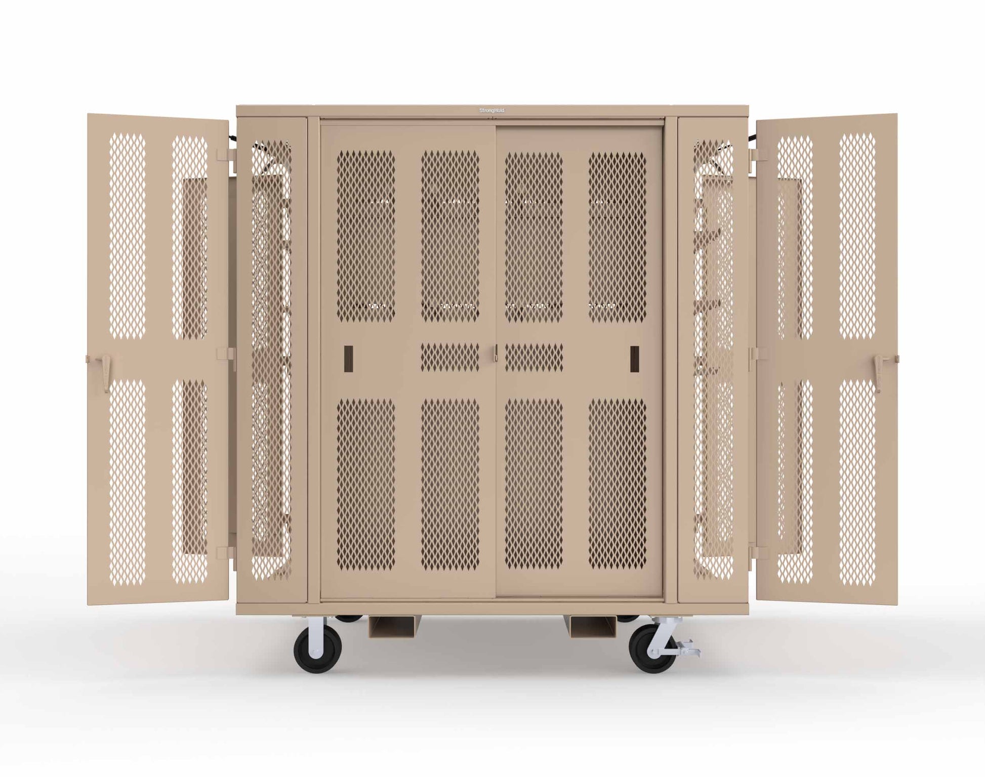 Extreme Duty Mobile Rigging Cabinet with 2 sets of 2 Ventilated Sliding Doors and 2 sets of 2 Ventilated Swing Doors with Short and Long Hangers - 86 in. W x 50 in. D x 100 in. H - 7.27.6-4V-500-2SLD-2ED-40SH-16LH-FLP-CA-1019