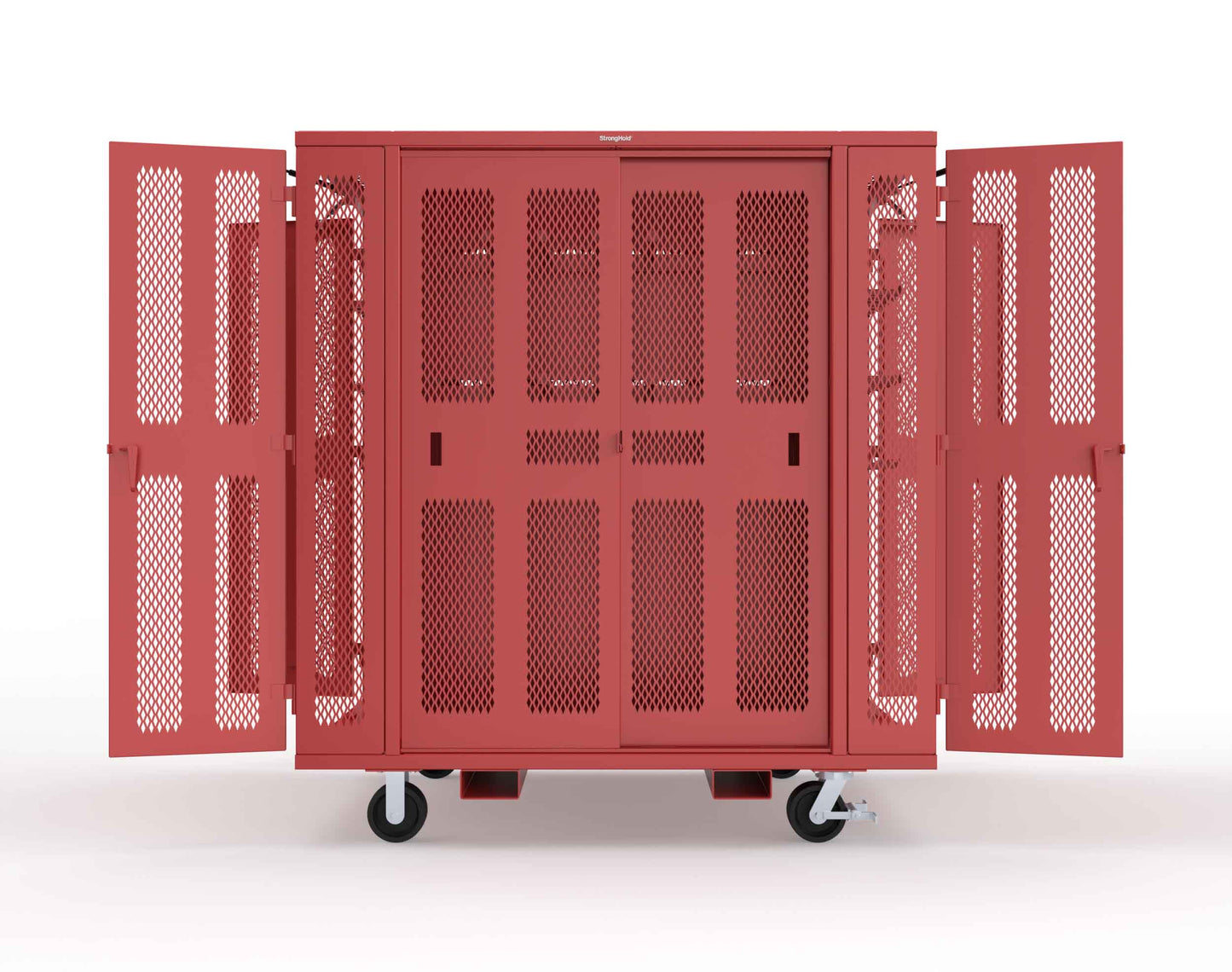 Extreme Duty Mobile Rigging Cabinet with 2 sets of 2 Ventilated Sliding Doors and 2 sets of 2 Ventilated Swing Doors with Short and Long Hangers - 86 in. W x 50 in. D x 100 in. H - 7.27.6-4V-500-2SLD-2ED-40SH-16LH-FLP-CA-3001