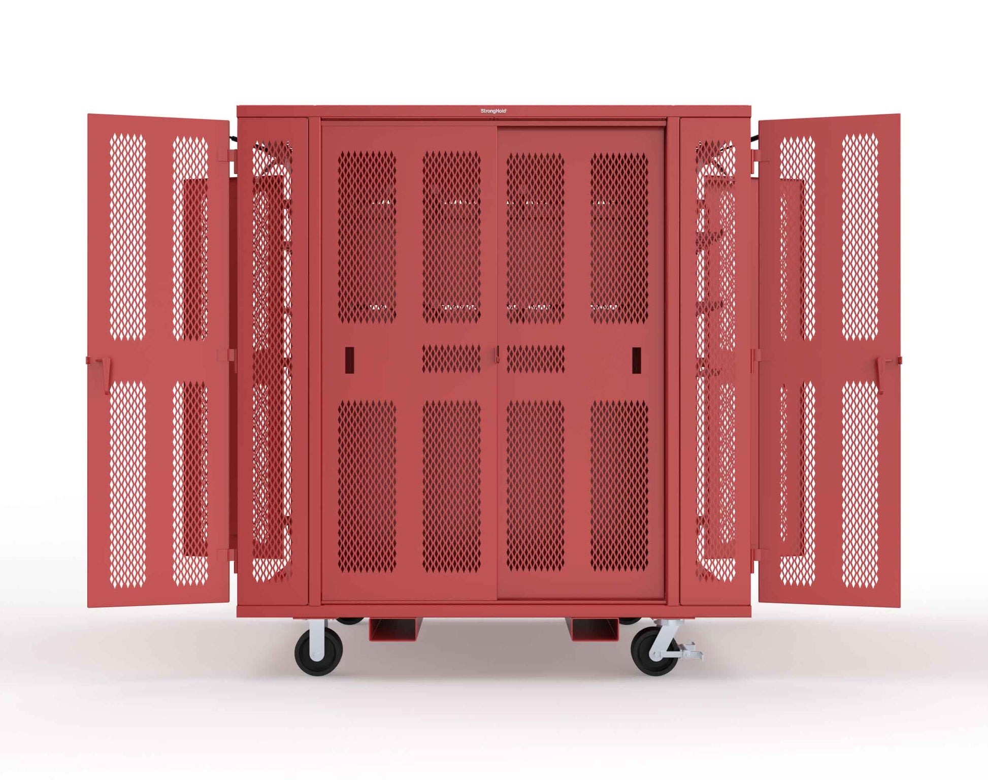 Extreme Duty Mobile Rigging Cabinet with 2 sets of 2 Ventilated Sliding Doors and 2 sets of 2 Ventilated Swing Doors with Short and Long Hangers - 86 in. W x 50 in. D x 100 in. H - 7.27.6-4V-500-2SLD-2ED-40SH-16LH-FLP-CA-3001