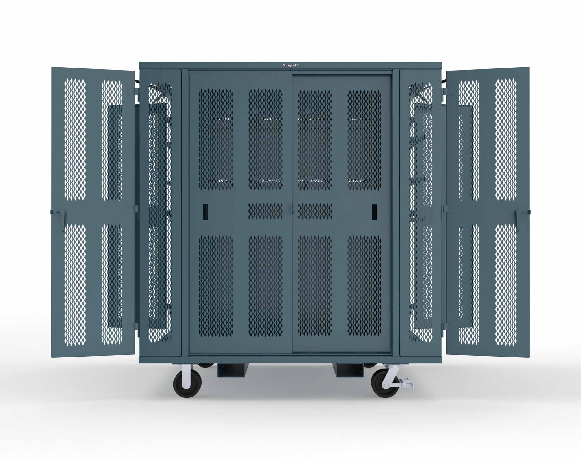 Extreme Duty Mobile Rigging Cabinet with 2 sets of 2 Ventilated Sliding Doors and 2 sets of 2 Ventilated Swing Doors with Short and Long Hangers - 86 in. W x 50 in. D x 100 in. H - 7.27.6-4V-500-2SLD-2ED-40SH-16LH-FLP-CA-5001
