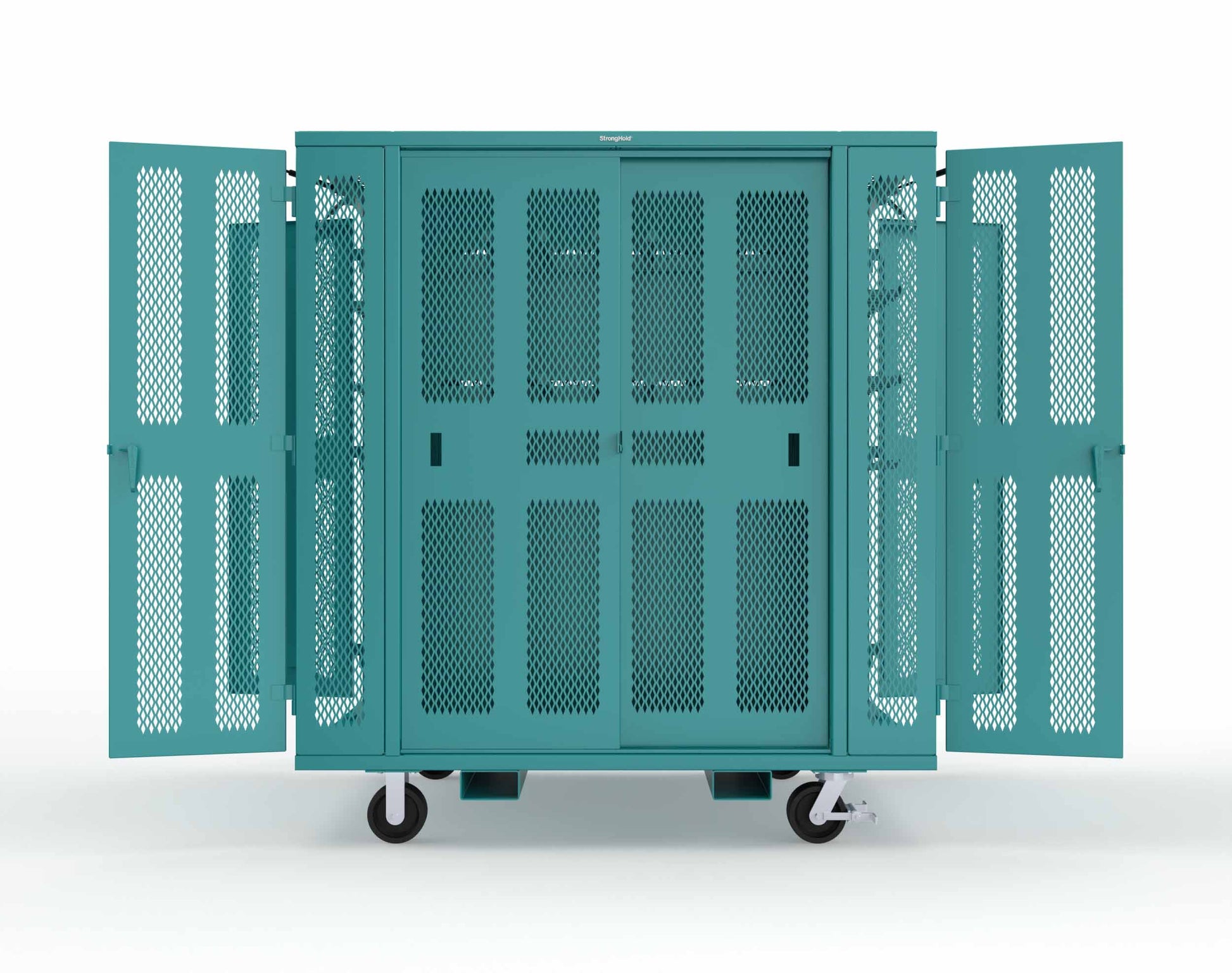 Extreme Duty Mobile Rigging Cabinet with 2 sets of 2 Ventilated Sliding Doors and 2 sets of 2 Ventilated Swing Doors with Short and Long Hangers - 86 in. W x 50 in. D x 100 in. H - 7.27.6-4V-500-2SLD-2ED-40SH-16LH-FLP-CA-5021
