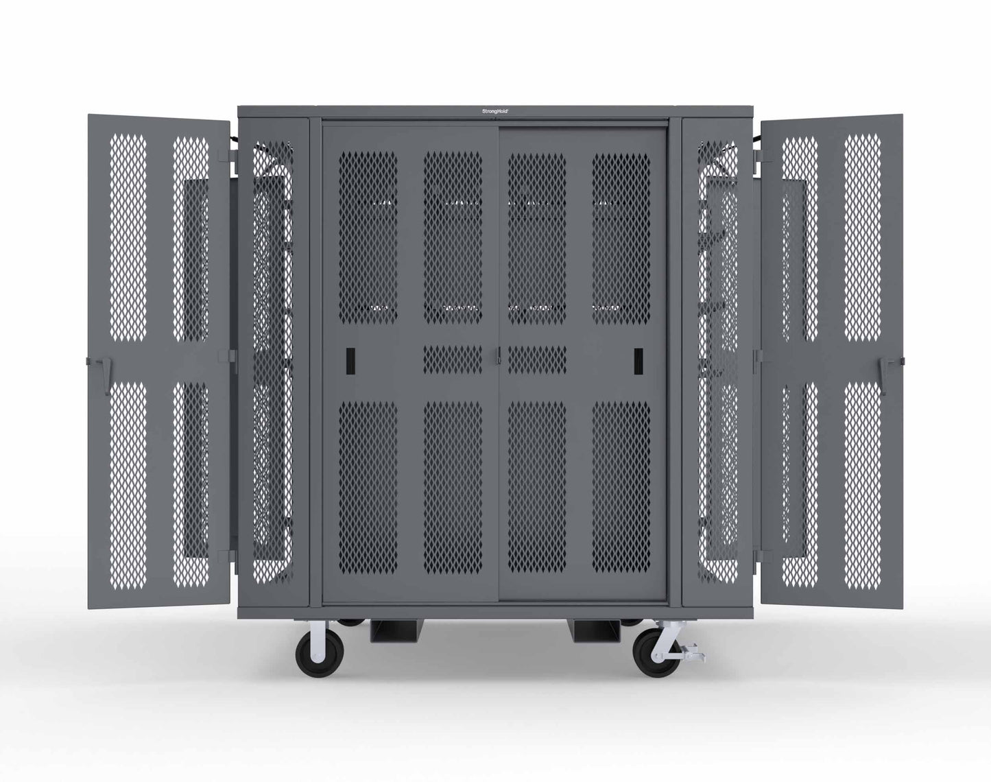 Extreme Duty Mobile Rigging Cabinet with 2 sets of 2 Ventilated Sliding Doors and 2 sets of 2 Ventilated Swing Doors with Short and Long Hangers - 86 in. W x 50 in. D x 100 in. H - 7.27.6-4V-500-2SLD-2ED-40SH-16LH-FLP-CA-7024