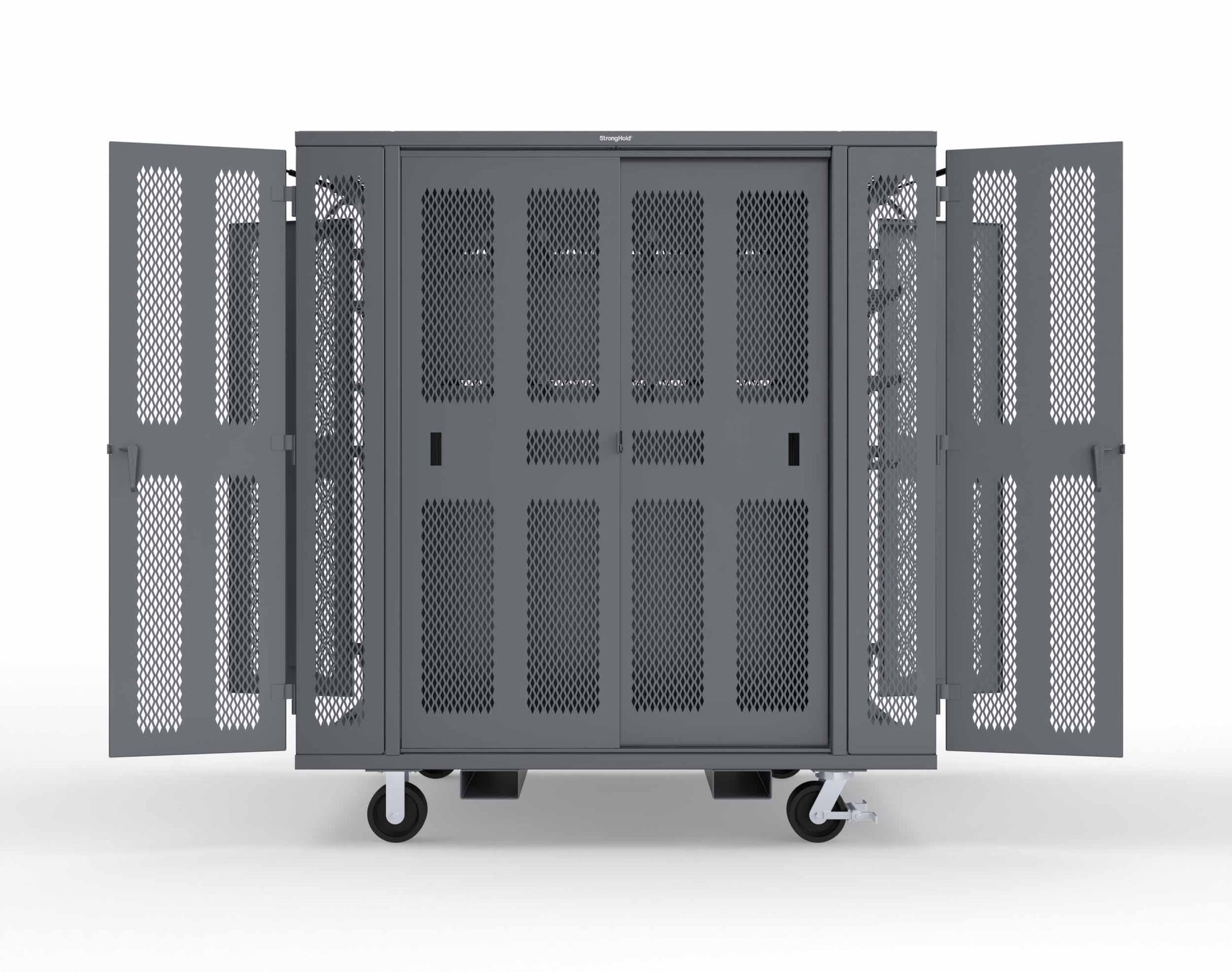 Extreme Duty Mobile Rigging Cabinet with 2 sets of 2 Ventilated Sliding Doors and 2 sets of 2 Ventilated Swing Doors with Short and Long Hangers - 86 in. W x 50 in. D x 100 in. H - 7.27.6-4V-500-2SLD-2ED-40SH-16LH-FLP-CA-7024