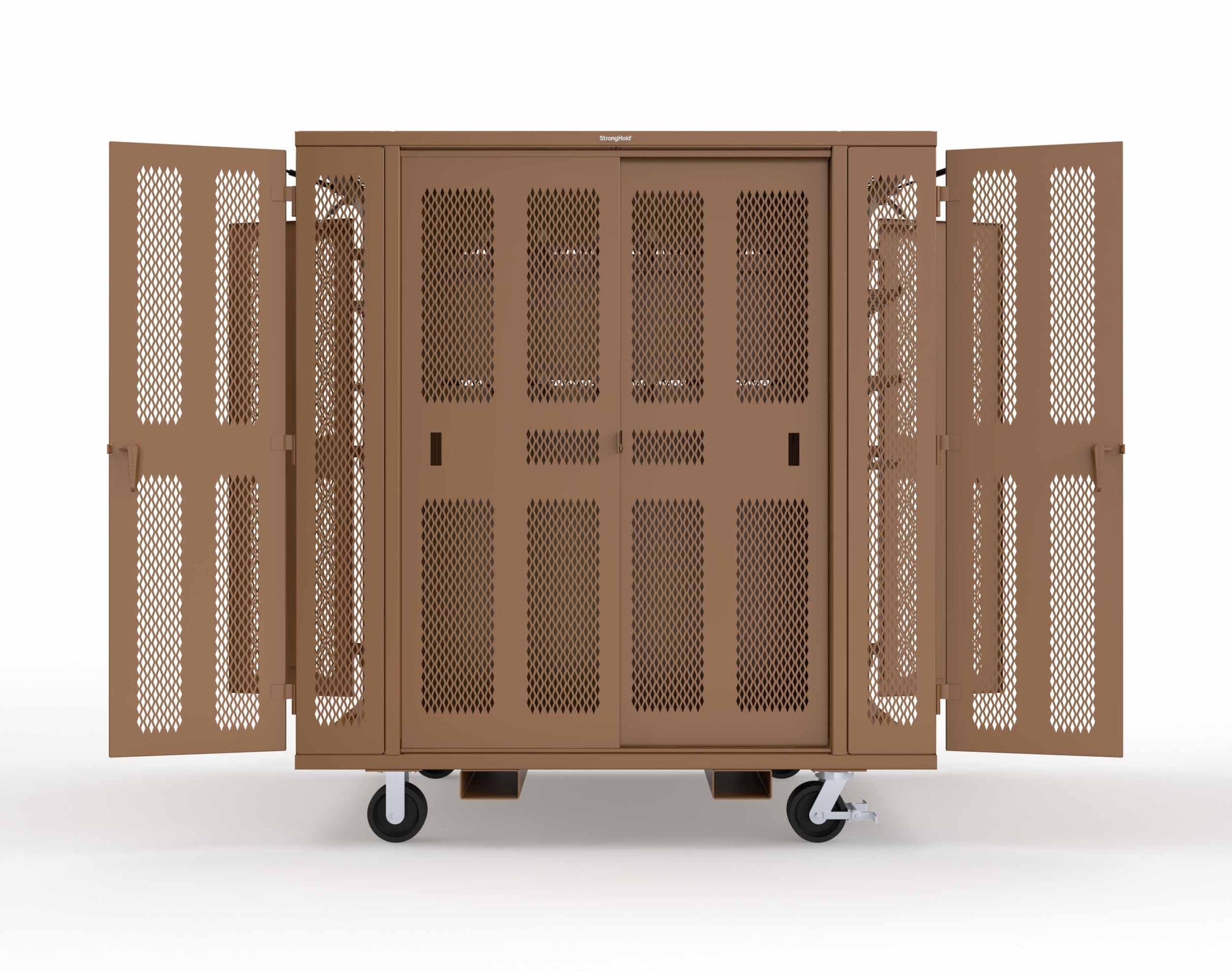 Extreme Duty Mobile Rigging Cabinet with 2 sets of 2 Ventilated Sliding Doors and 2 sets of 2 Ventilated Swing Doors with Short and Long Hangers - 86 in. W x 50 in. D x 100 in. H - 7.27.6-4V-500-2SLD-2ED-40SH-16LH-FLP-CA-8008