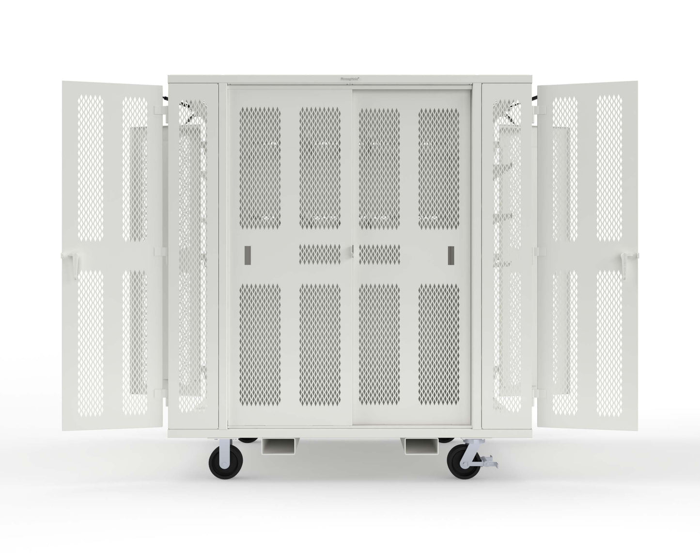 Extreme Duty Mobile Rigging Cabinet with 2 sets of 2 Ventilated Sliding Doors and 2 sets of 2 Ventilated Swing Doors with Short and Long Hangers - 86 in. W x 50 in. D x 100 in. H - 7.27.6-4V-500-2SLD-2ED-40SH-16LH-FLP-CA-9003