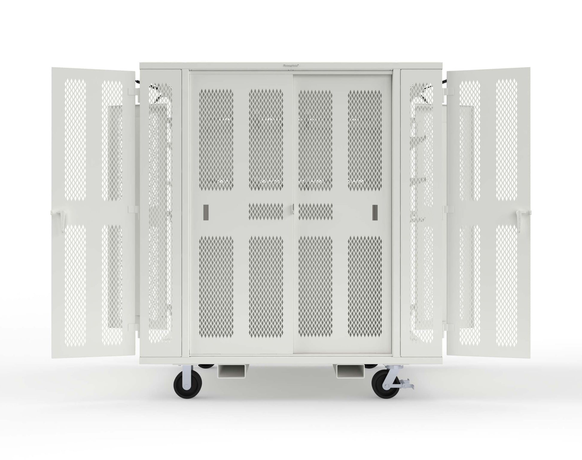Extreme Duty Mobile Rigging Cabinet with 2 sets of 2 Ventilated Sliding Doors and 2 sets of 2 Ventilated Swing Doors with Short and Long Hangers - 86 in. W x 50 in. D x 100 in. H - 7.27.6-4V-500-2SLD-2ED-40SH-16LH-FLP-CA-9003