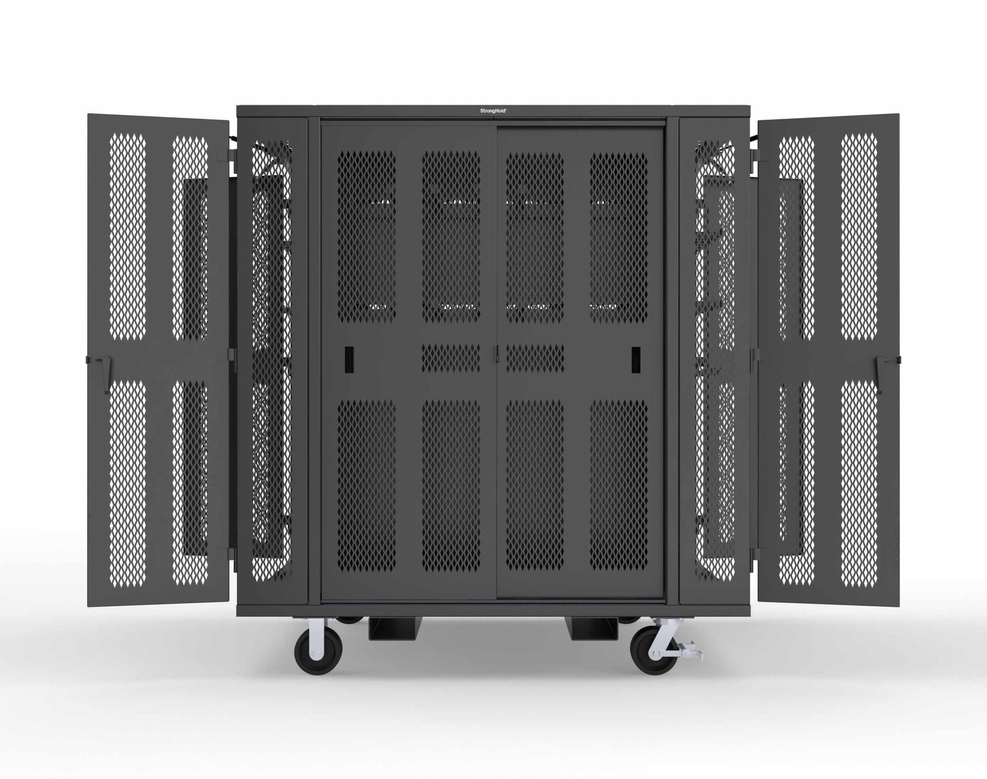 Extreme Duty Mobile Rigging Cabinet with 2 sets of 2 Ventilated Sliding Doors and 2 sets of 2 Ventilated Swing Doors with Short and Long Hangers - 86 in. W x 50 in. D x 100 in. H - 7.27.6-4V-500-2SLD-2ED-40SH-16LH-FLP-CA-9005
