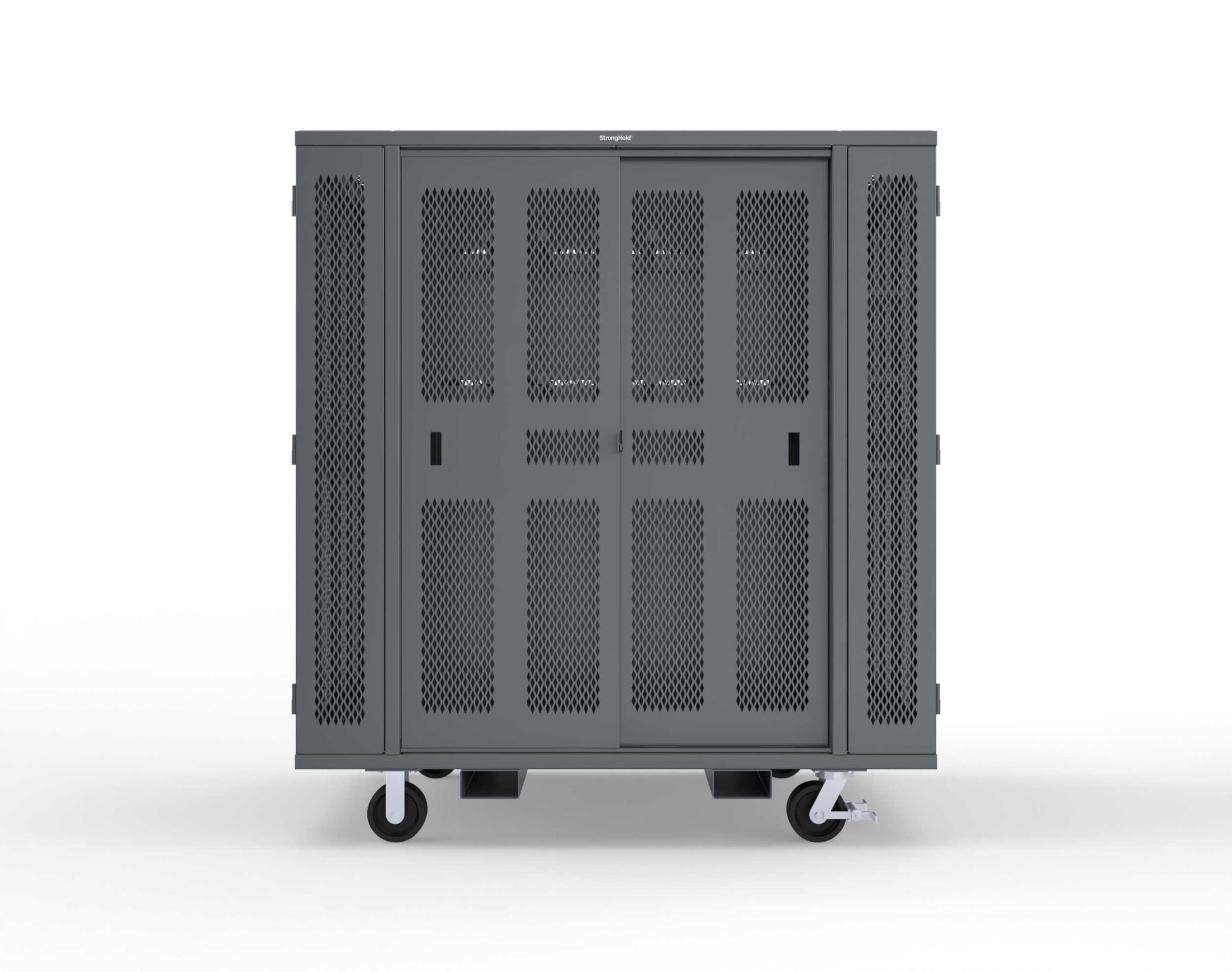 Extreme Duty Mobile Rigging Cabinet with 2 sets of 2 Ventilated Sliding Doors and 2 sets of 2 Ventilated Swing Doors with Short and Long Hangers - 86 in. W x 50 in. D x 100 in. H - 7.27.6-4V-500-2SLD-2ED-40SH-16LH-FLP-CA-7024
