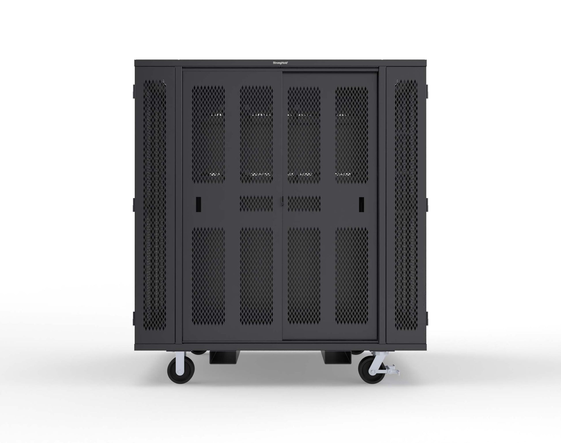 Extreme Duty Mobile Rigging Cabinet with 2 sets of 2 Ventilated Sliding Doors and 2 sets of 2 Ventilated Swing Doors with Short and Long Hangers - 86 in. W x 50 in. D x 100 in. H - 7.27.6-4V-500-2SLD-2ED-40SH-16LH-FLP-CA-9005