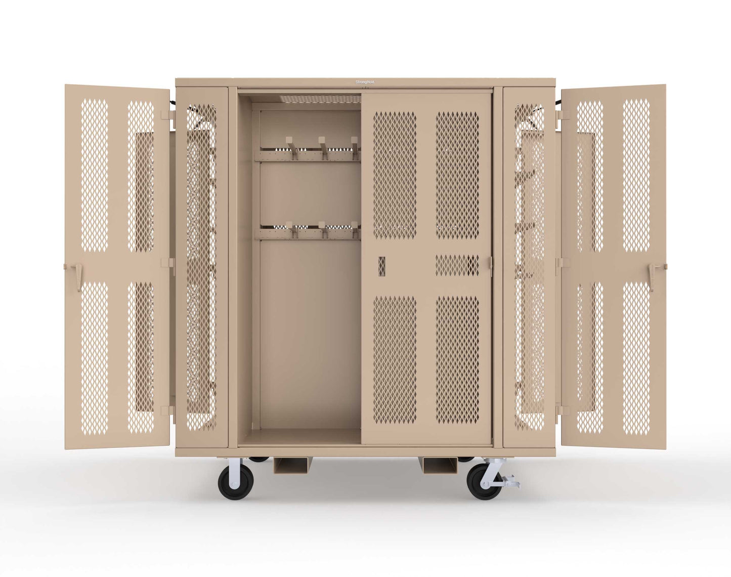 Extreme Duty Mobile Rigging Cabinet with 2 sets of 2 Ventilated Sliding Doors and 2 sets of 2 Ventilated Swing Doors with Short and Long Hangers - 86 in. W x 50 in. D x 100 in. H - 7.27.6-4V-500-2SLD-2ED-40SH-16LH-FLP-CA-1019