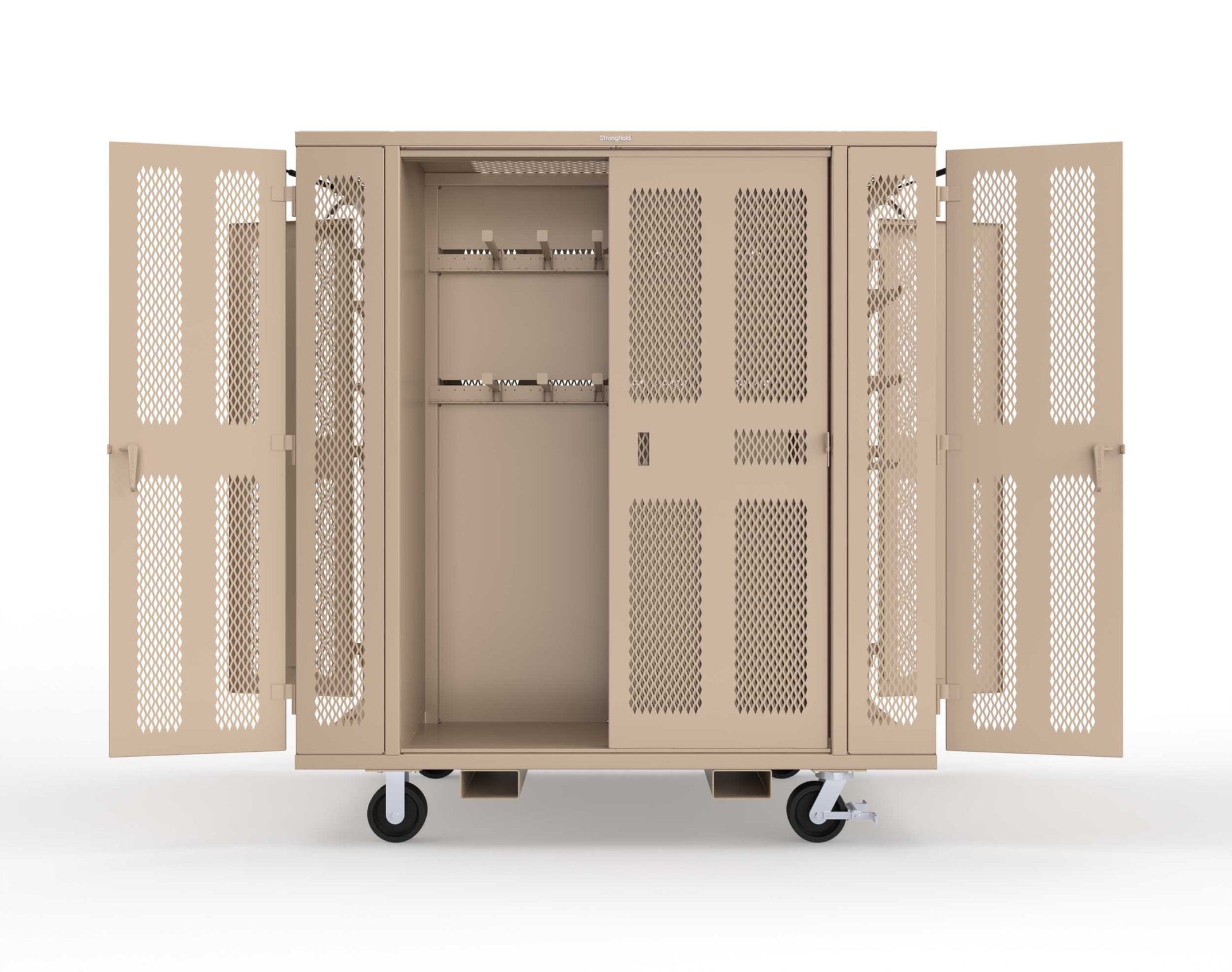Extreme Duty Mobile Rigging Cabinet with 2 sets of 2 Ventilated Sliding Doors and 2 sets of 2 Ventilated Swing Doors with Short and Long Hangers - 86 in. W x 50 in. D x 100 in. H - 7.27.6-4V-500-2SLD-2ED-40SH-16LH-FLP-CA-1019