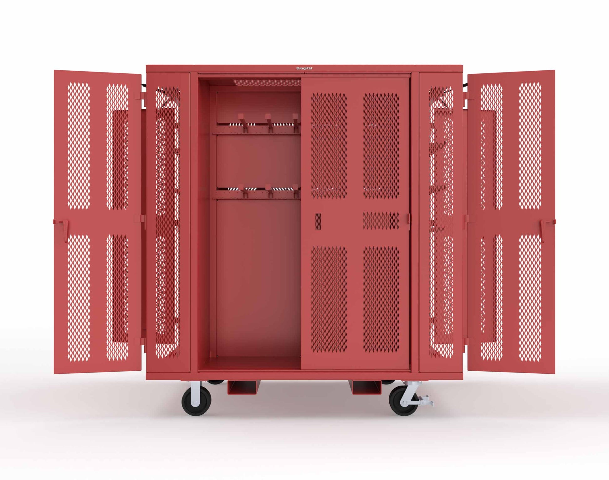 Extreme Duty Mobile Rigging Cabinet with 2 sets of 2 Ventilated Sliding Doors and 2 sets of 2 Ventilated Swing Doors with Short and Long Hangers - 86 in. W x 50 in. D x 100 in. H - 7.27.6-4V-500-2SLD-2ED-40SH-16LH-FLP-CA-3001