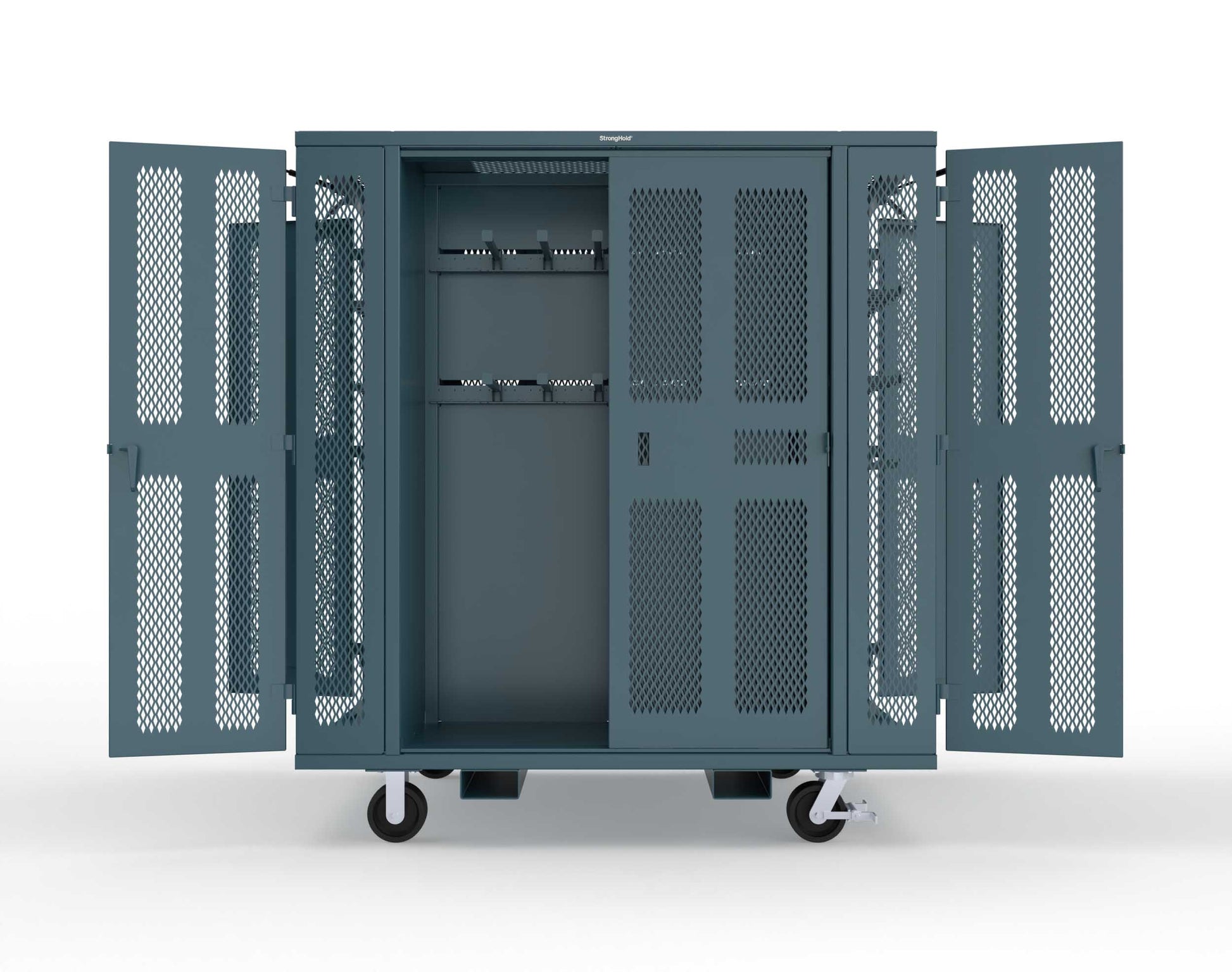 Extreme Duty Mobile Rigging Cabinet with 2 sets of 2 Ventilated Sliding Doors and 2 sets of 2 Ventilated Swing Doors with Short and Long Hangers - 86 in. W x 50 in. D x 100 in. H - 7.27.6-4V-500-2SLD-2ED-40SH-16LH-FLP-CA-5001