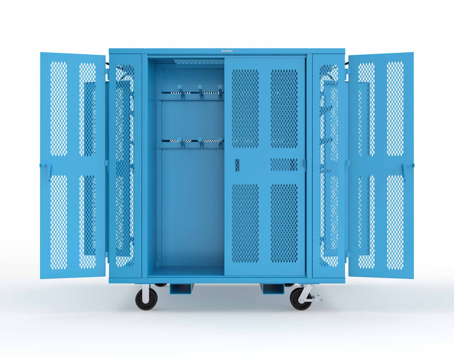 Extreme Duty Mobile Rigging Cabinet with 2 sets of 2 Ventilated Sliding Doors and 2 sets of 2 Ventilated Swing Doors with Short and Long Hangers - 86 in. W x 50 in. D x 100 in. H - 7.27.6-4V-500-2SLD-2ED-40SH-16LH-FLP-CA-5012
