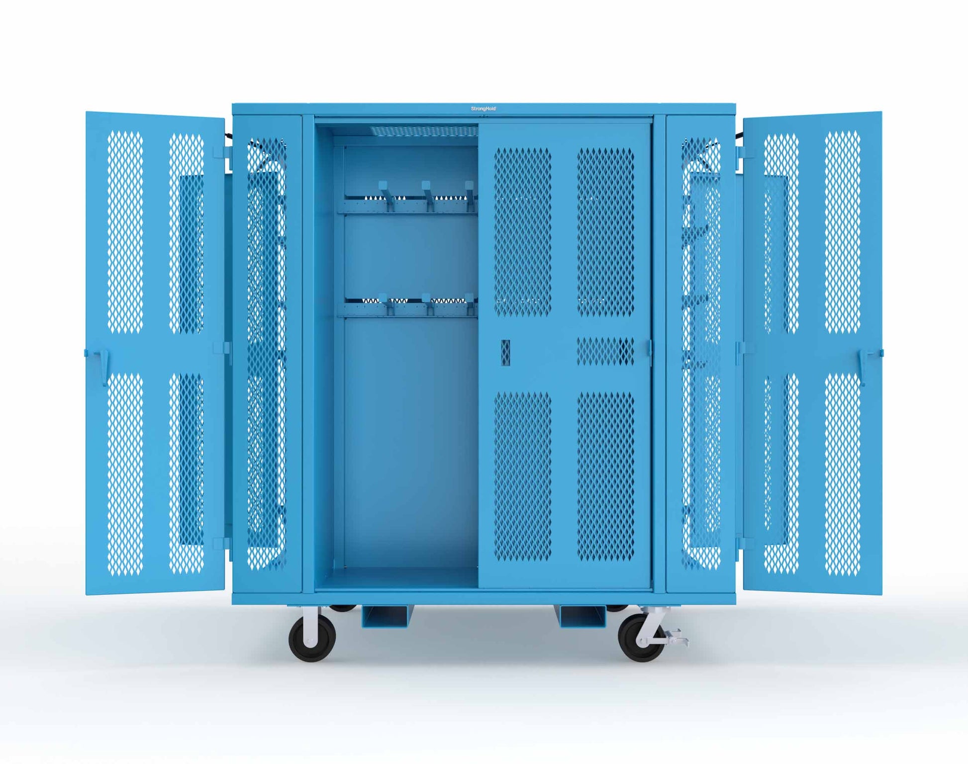 Extreme Duty Mobile Rigging Cabinet with 2 sets of 2 Ventilated Sliding Doors and 2 sets of 2 Ventilated Swing Doors with Short and Long Hangers - 86 in. W x 50 in. D x 100 in. H - 7.27.6-4V-500-2SLD-2ED-40SH-16LH-FLP-CA-5012
