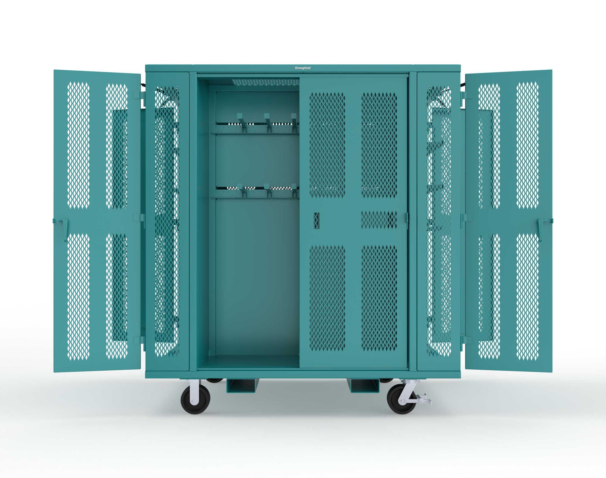 Extreme Duty Mobile Rigging Cabinet with 2 sets of 2 Ventilated Sliding Doors and 2 sets of 2 Ventilated Swing Doors with Short and Long Hangers - 86 in. W x 50 in. D x 100 in. H - 7.27.6-4V-500-2SLD-2ED-40SH-16LH-FLP-CA-5021