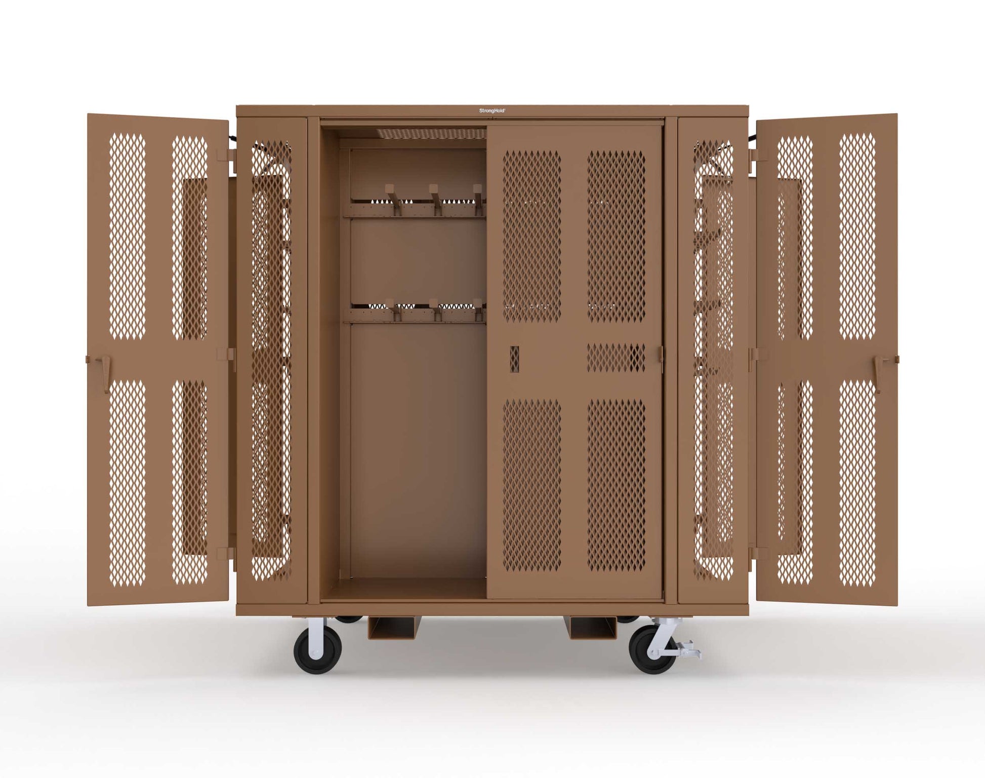 Extreme Duty Mobile Rigging Cabinet with 2 sets of 2 Ventilated Sliding Doors and 2 sets of 2 Ventilated Swing Doors with Short and Long Hangers - 86 in. W x 50 in. D x 100 in. H - 7.27.6-4V-500-2SLD-2ED-40SH-16LH-FLP-CA-8008