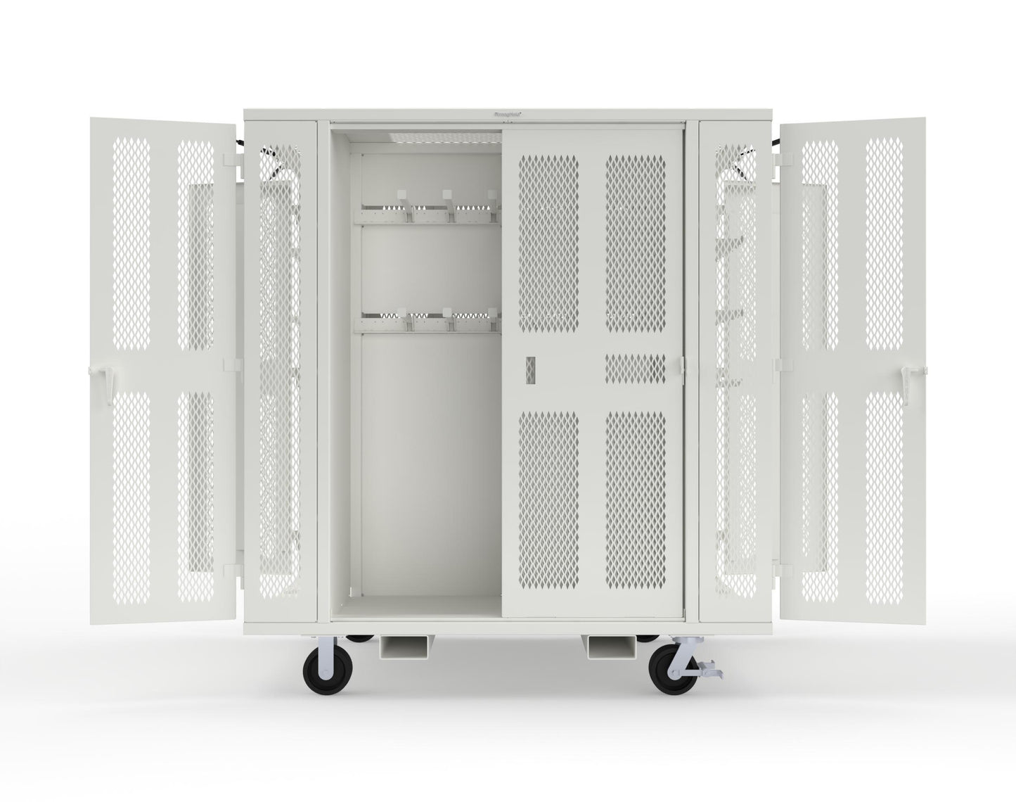 Extreme Duty Mobile Rigging Cabinet with 2 sets of 2 Ventilated Sliding Doors and 2 sets of 2 Ventilated Swing Doors with Short and Long Hangers - 86 in. W x 50 in. D x 100 in. H - 7.27.6-4V-500-2SLD-2ED-40SH-16LH-FLP-CA-9003