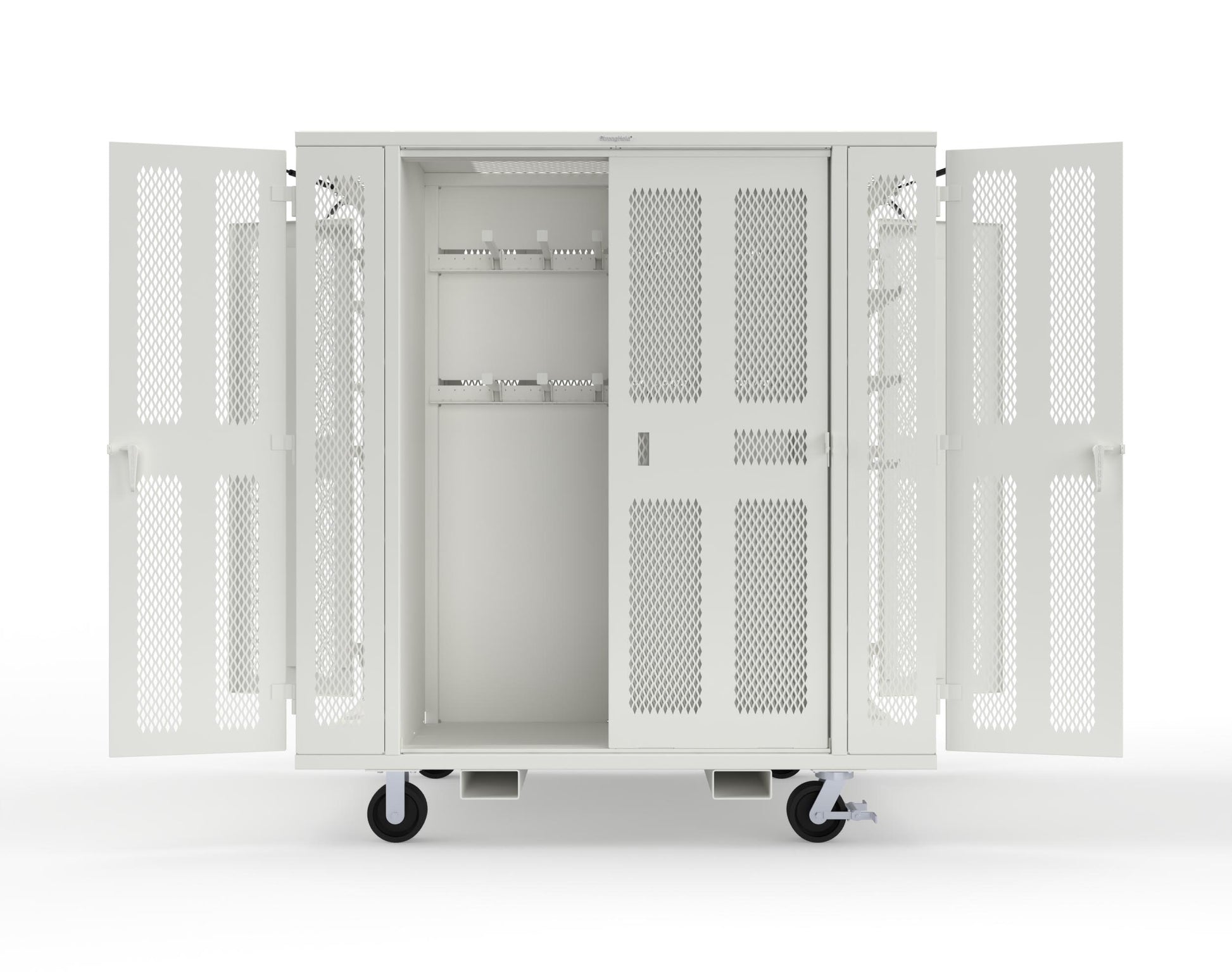 Extreme Duty Mobile Rigging Cabinet with 2 sets of 2 Ventilated Sliding Doors and 2 sets of 2 Ventilated Swing Doors with Short and Long Hangers - 86 in. W x 50 in. D x 100 in. H - 7.27.6-4V-500-2SLD-2ED-40SH-16LH-FLP-CA-9003