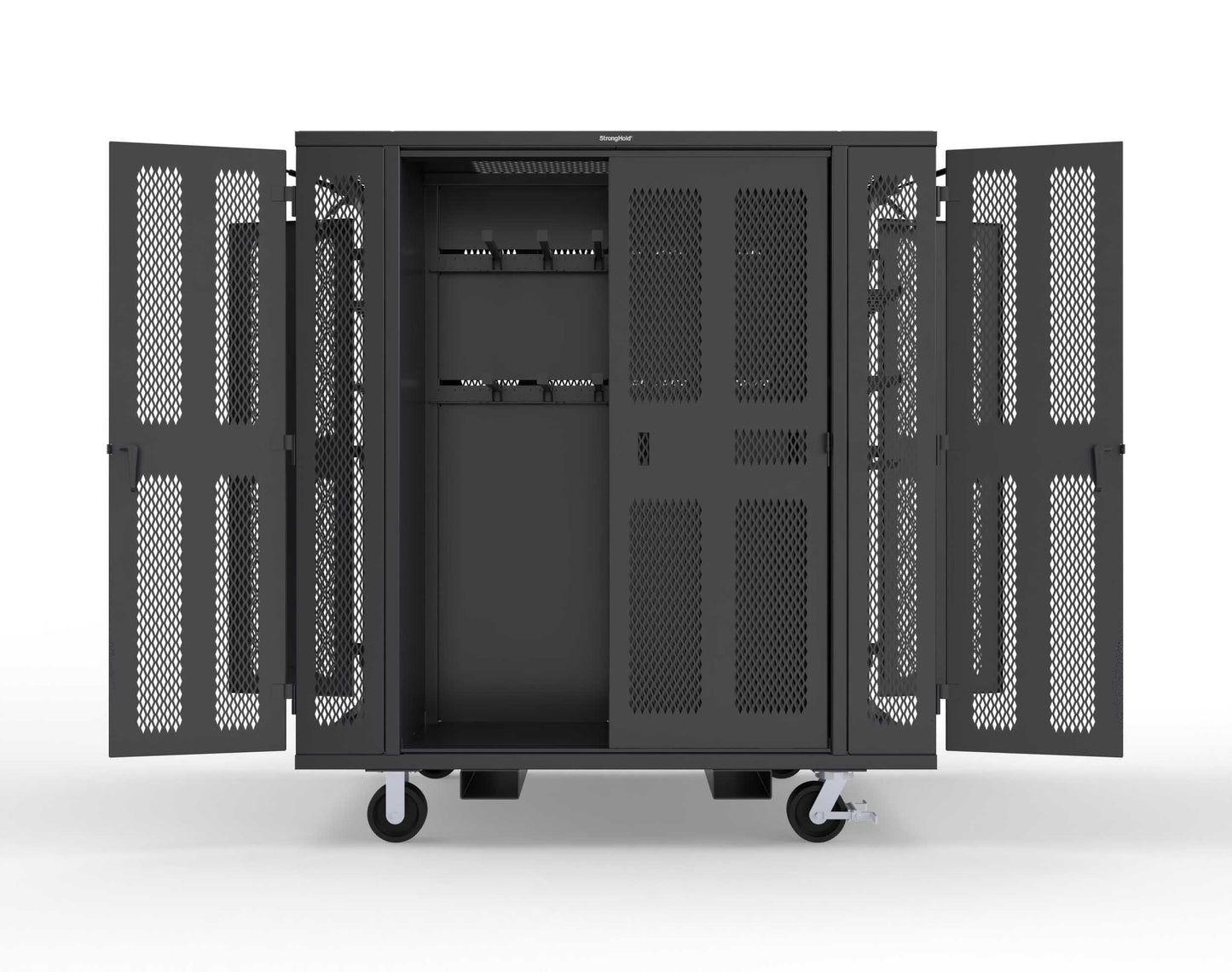 Extreme Duty Mobile Rigging Cabinet with 2 sets of 2 Ventilated Sliding Doors and 2 sets of 2 Ventilated Swing Doors with Short and Long Hangers - 86 in. W x 50 in. D x 100 in. H - 7.27.6-4V-500-2SLD-2ED-40SH-16LH-FLP-CA-9005