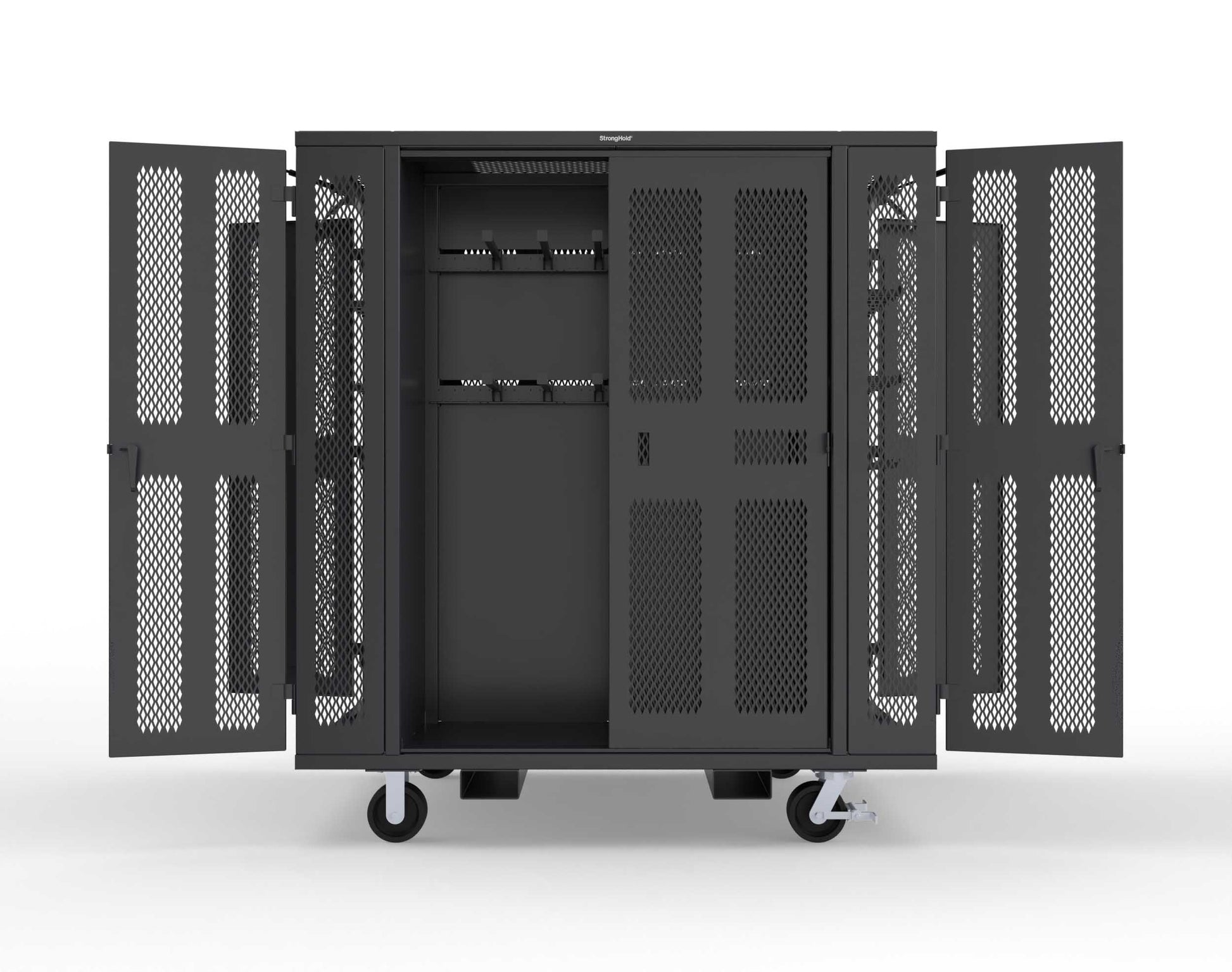 Extreme Duty Mobile Rigging Cabinet with 2 sets of 2 Ventilated Sliding Doors and 2 sets of 2 Ventilated Swing Doors with Short and Long Hangers - 86 in. W x 50 in. D x 100 in. H - 7.27.6-4V-500-2SLD-2ED-40SH-16LH-FLP-CA-9005