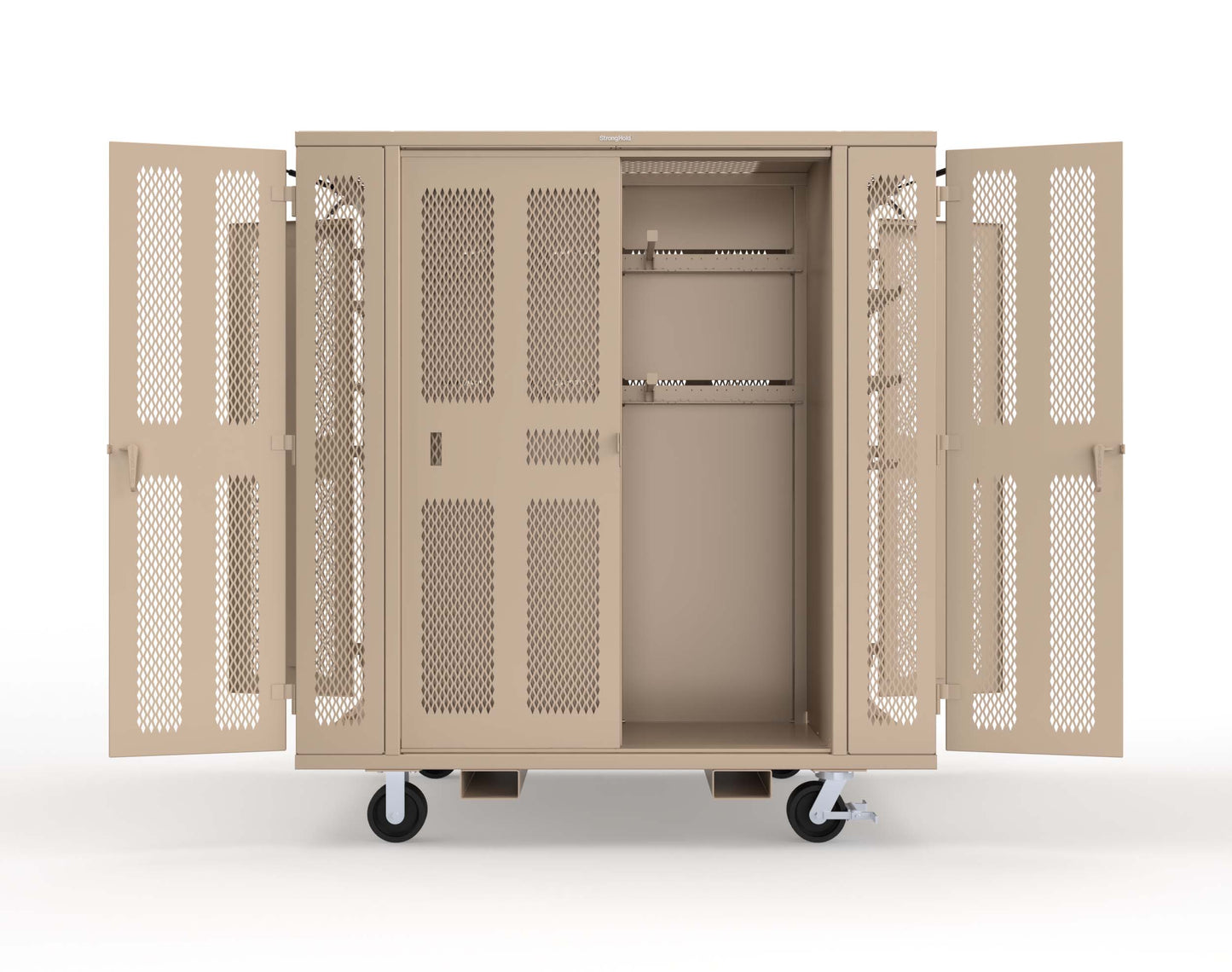 Extreme Duty Mobile Rigging Cabinet with 2 sets of 2 Ventilated Sliding Doors and 2 sets of 2 Ventilated Swing Doors with Short and Long Hangers - 86 in. W x 50 in. D x 100 in. H - 7.27.6-4V-500-2SLD-2ED-40SH-16LH-FLP-CA-1019