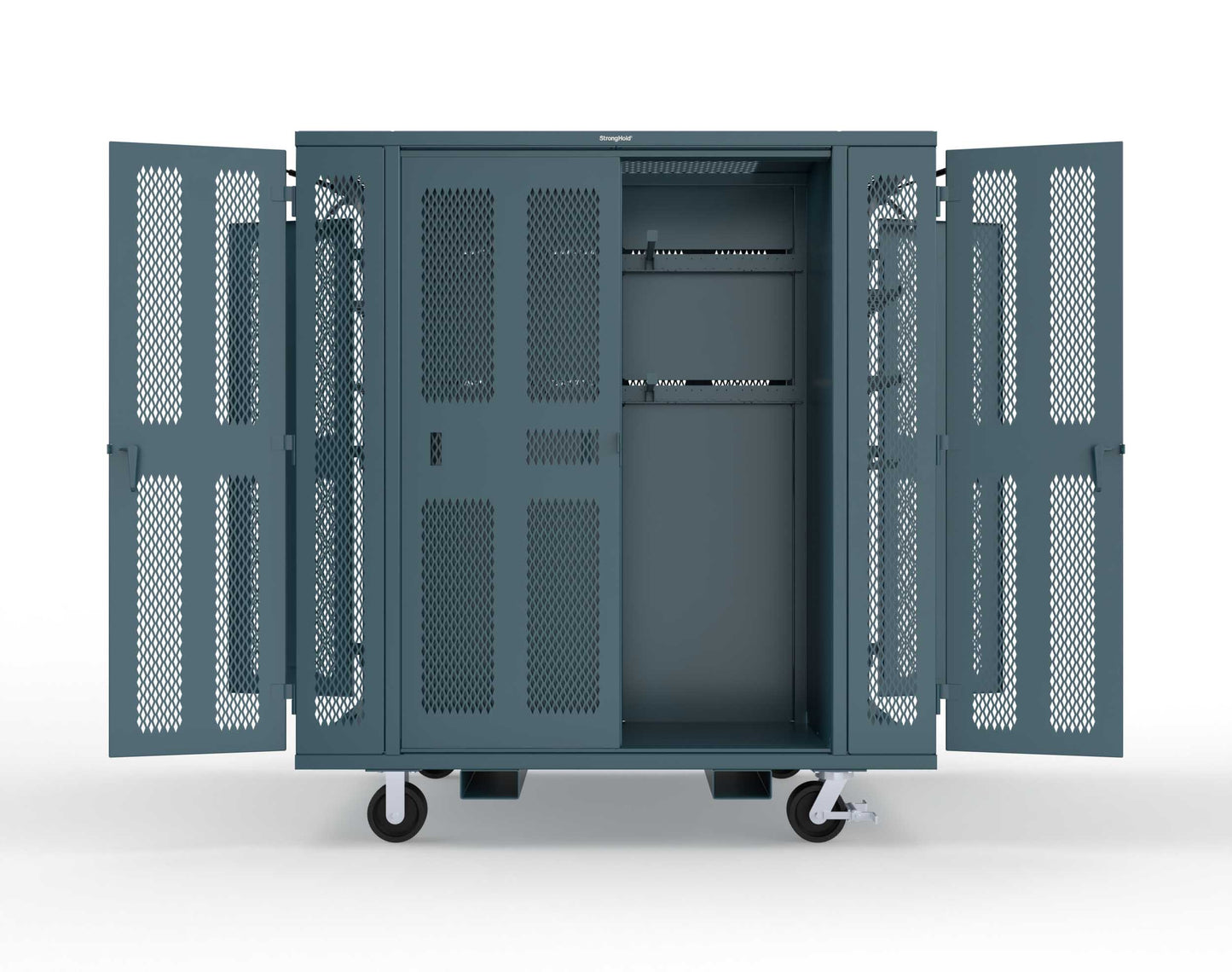 Extreme Duty Mobile Rigging Cabinet with 2 sets of 2 Ventilated Sliding Doors and 2 sets of 2 Ventilated Swing Doors with Short and Long Hangers - 86 in. W x 50 in. D x 100 in. H - 7.27.6-4V-500-2SLD-2ED-40SH-16LH-FLP-CA-5001