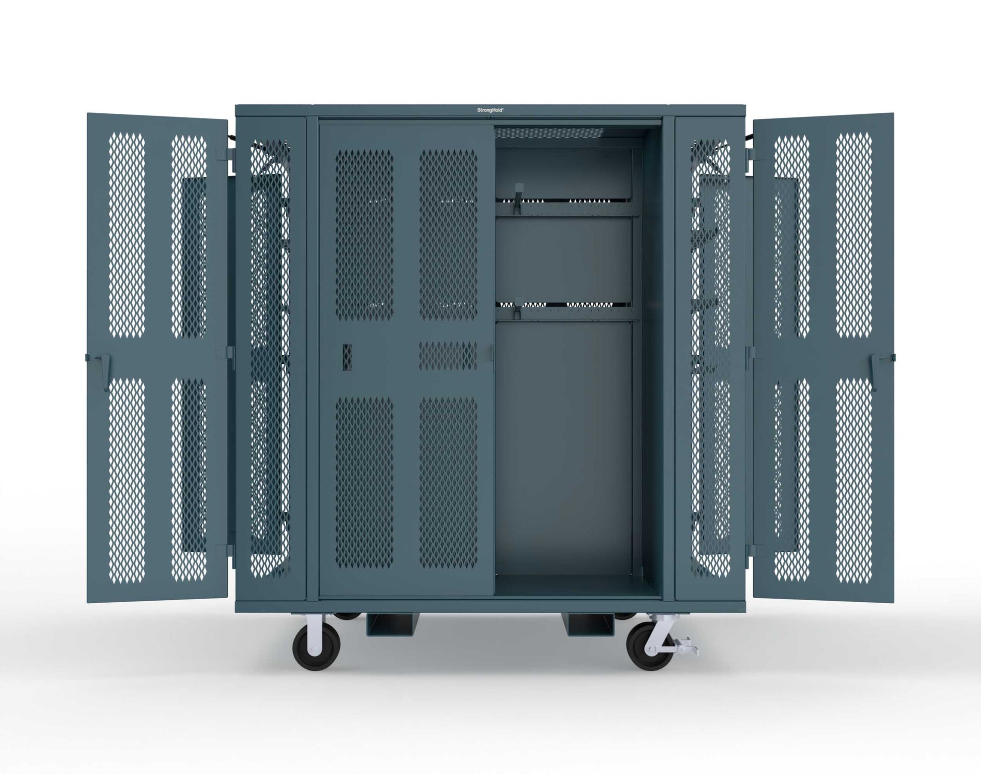 Extreme Duty Mobile Rigging Cabinet with 2 sets of 2 Ventilated Sliding Doors and 2 sets of 2 Ventilated Swing Doors with Short and Long Hangers - 86 in. W x 50 in. D x 100 in. H - 7.27.6-4V-500-2SLD-2ED-40SH-16LH-FLP-CA-5001