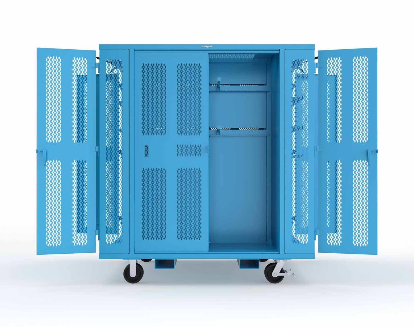 Extreme Duty Mobile Rigging Cabinet with 2 sets of 2 Ventilated Sliding Doors and 2 sets of 2 Ventilated Swing Doors with Short and Long Hangers - 86 in. W x 50 in. D x 100 in. H - 7.27.6-4V-500-2SLD-2ED-40SH-16LH-FLP-CA-5012
