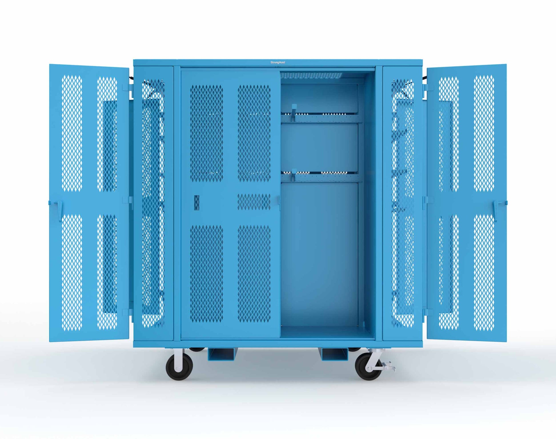 Extreme Duty Mobile Rigging Cabinet with 2 sets of 2 Ventilated Sliding Doors and 2 sets of 2 Ventilated Swing Doors with Short and Long Hangers - 86 in. W x 50 in. D x 100 in. H - 7.27.6-4V-500-2SLD-2ED-40SH-16LH-FLP-CA-5012