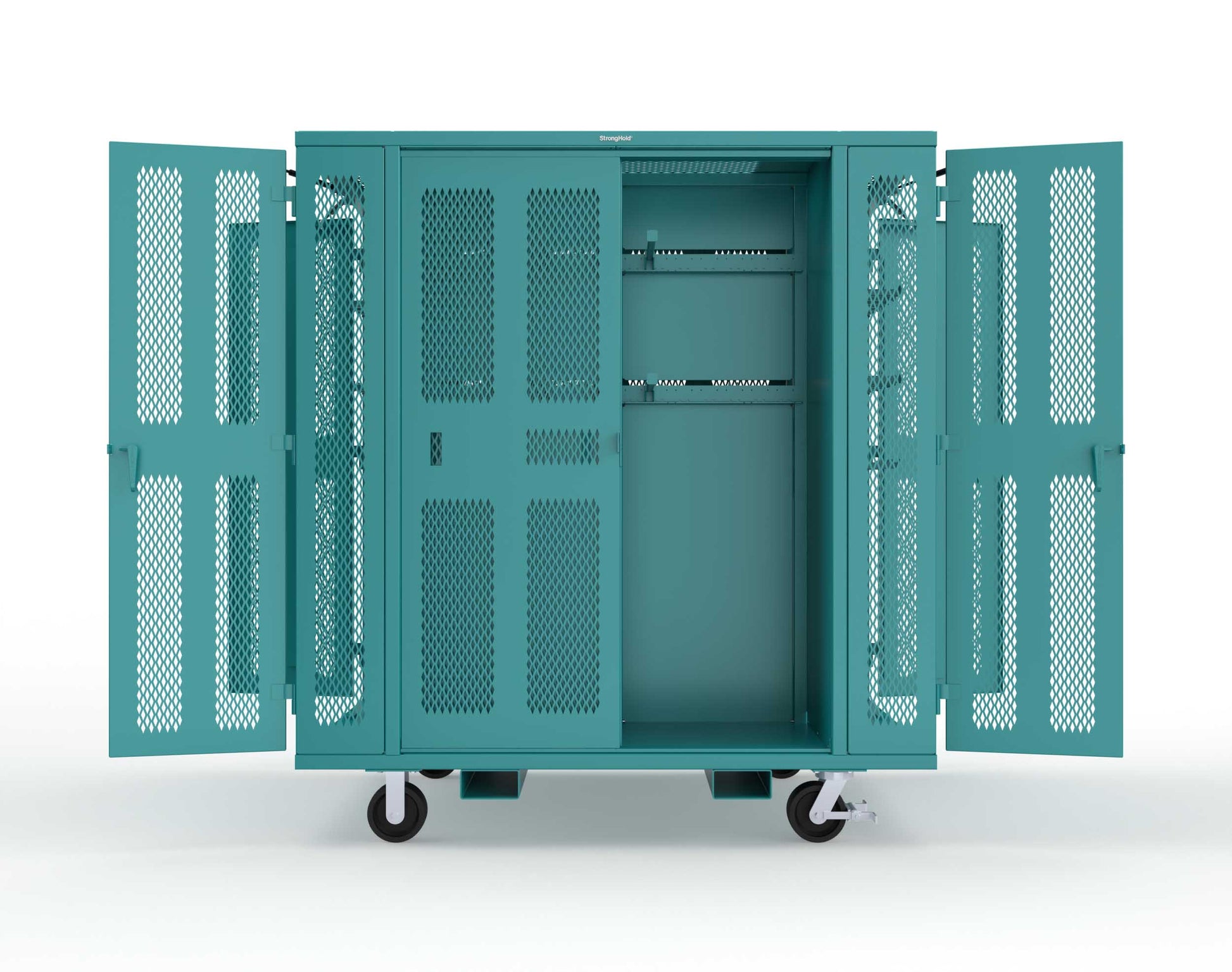 Extreme Duty Mobile Rigging Cabinet with 2 sets of 2 Ventilated Sliding Doors and 2 sets of 2 Ventilated Swing Doors with Short and Long Hangers - 86 in. W x 50 in. D x 100 in. H - 7.27.6-4V-500-2SLD-2ED-40SH-16LH-FLP-CA-5021