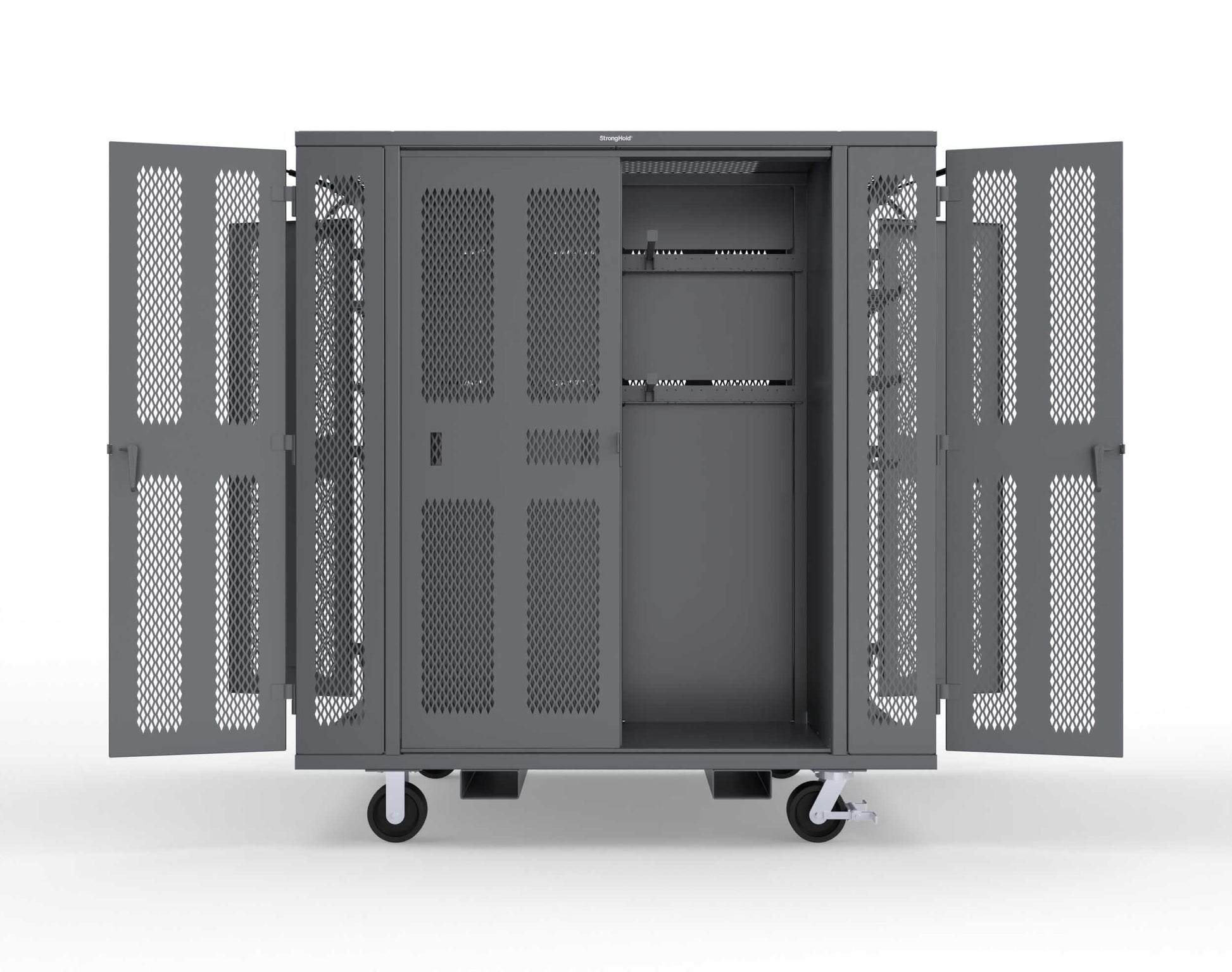 Extreme Duty Mobile Rigging Cabinet with 2 sets of 2 Ventilated Sliding Doors and 2 sets of 2 Ventilated Swing Doors with Short and Long Hangers - 86 in. W x 50 in. D x 100 in. H - 7.27.6-4V-500-2SLD-2ED-40SH-16LH-FLP-CA-7024