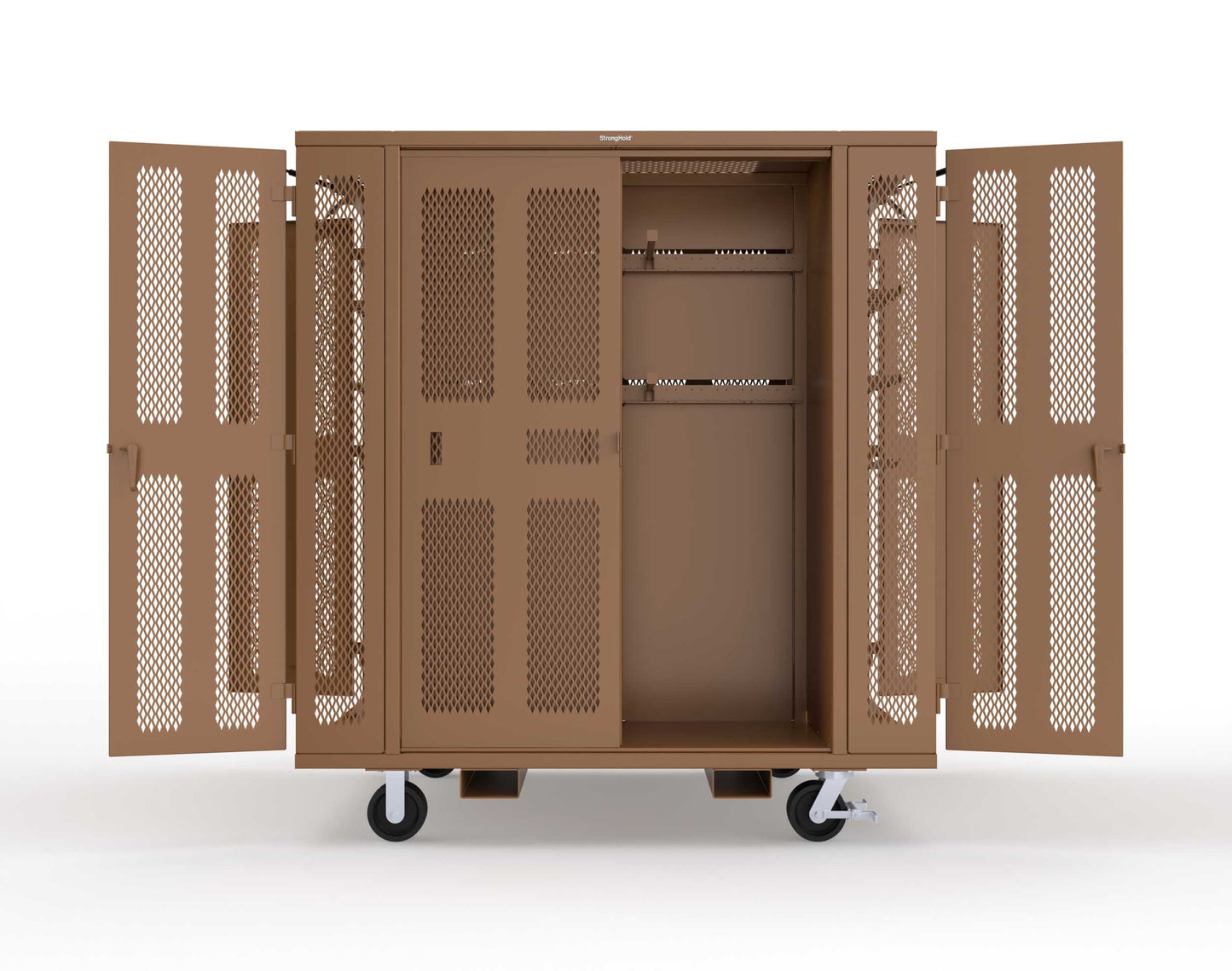 Extreme Duty Mobile Rigging Cabinet with 2 sets of 2 Ventilated Sliding Doors and 2 sets of 2 Ventilated Swing Doors with Short and Long Hangers - 86 in. W x 50 in. D x 100 in. H - 7.27.6-4V-500-2SLD-2ED-40SH-16LH-FLP-CA-8008