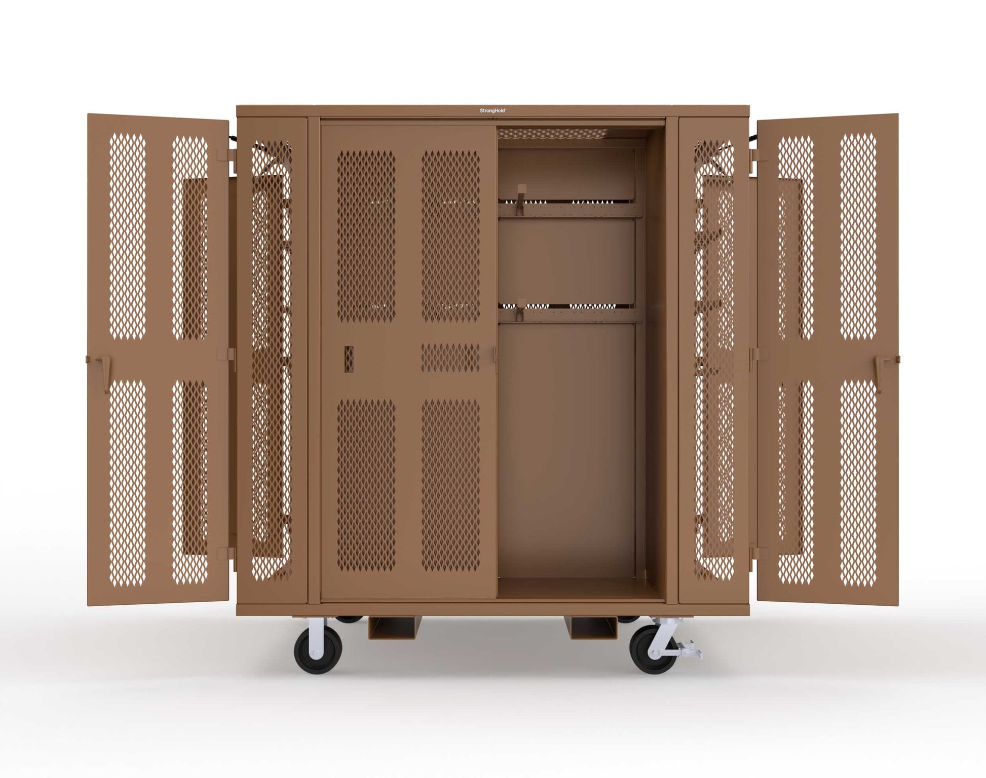 Extreme Duty Mobile Rigging Cabinet with 2 sets of 2 Ventilated Sliding Doors and 2 sets of 2 Ventilated Swing Doors with Short and Long Hangers - 86 in. W x 50 in. D x 100 in. H - 7.27.6-4V-500-2SLD-2ED-40SH-16LH-FLP-CA-8008