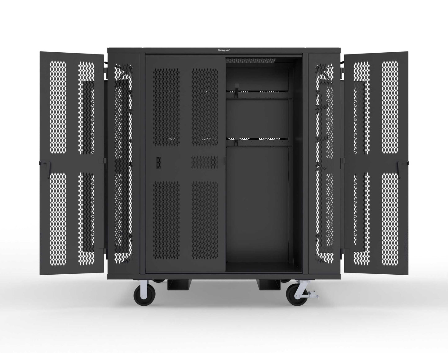 Extreme Duty Mobile Rigging Cabinet with 2 sets of 2 Ventilated Sliding Doors and 2 sets of 2 Ventilated Swing Doors with Short and Long Hangers - 86 in. W x 50 in. D x 100 in. H - 7.27.6-4V-500-2SLD-2ED-40SH-16LH-FLP-CA-9005