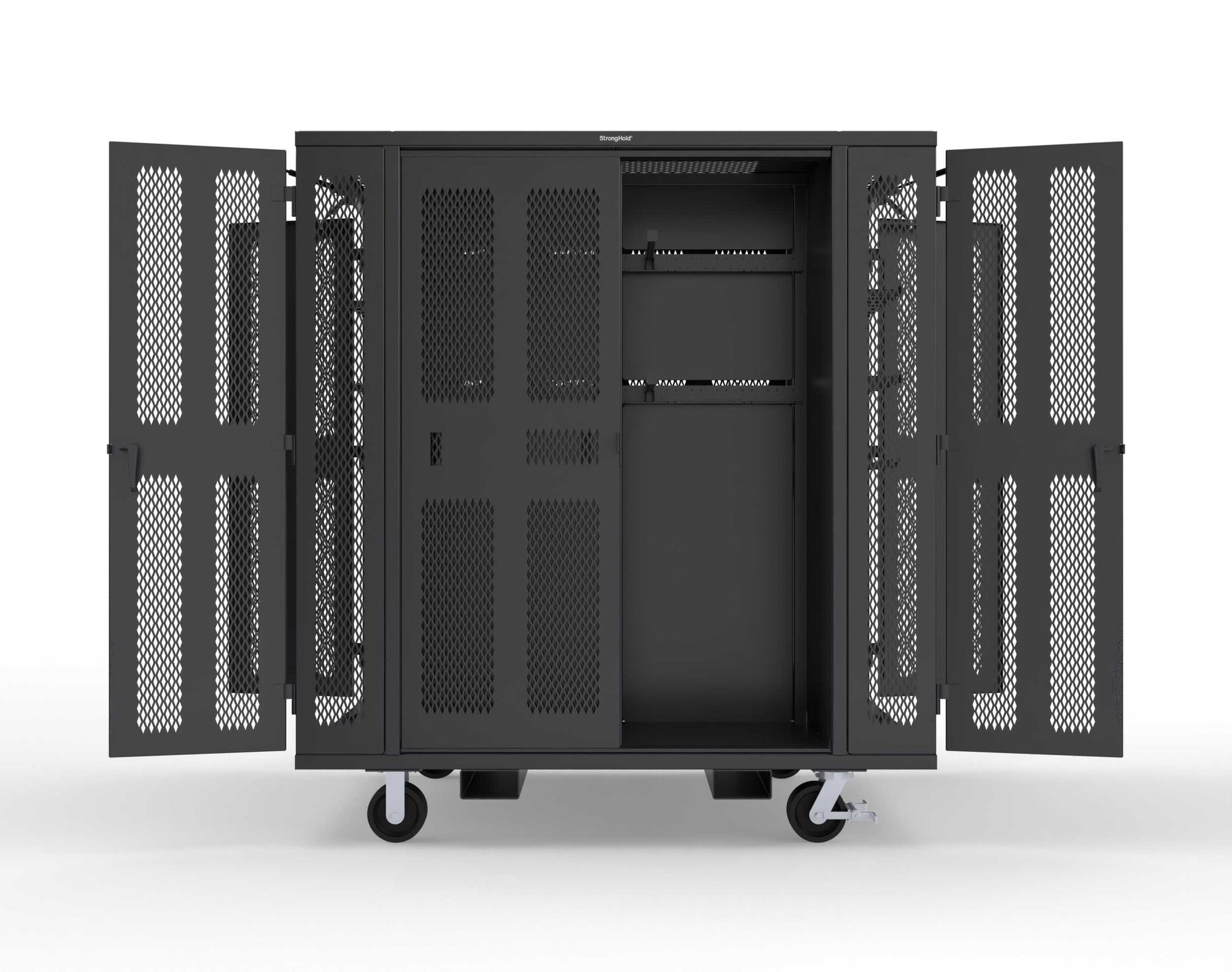 Extreme Duty Mobile Rigging Cabinet with 2 sets of 2 Ventilated Sliding Doors and 2 sets of 2 Ventilated Swing Doors with Short and Long Hangers - 86 in. W x 50 in. D x 100 in. H - 7.27.6-4V-500-2SLD-2ED-40SH-16LH-FLP-CA-9005