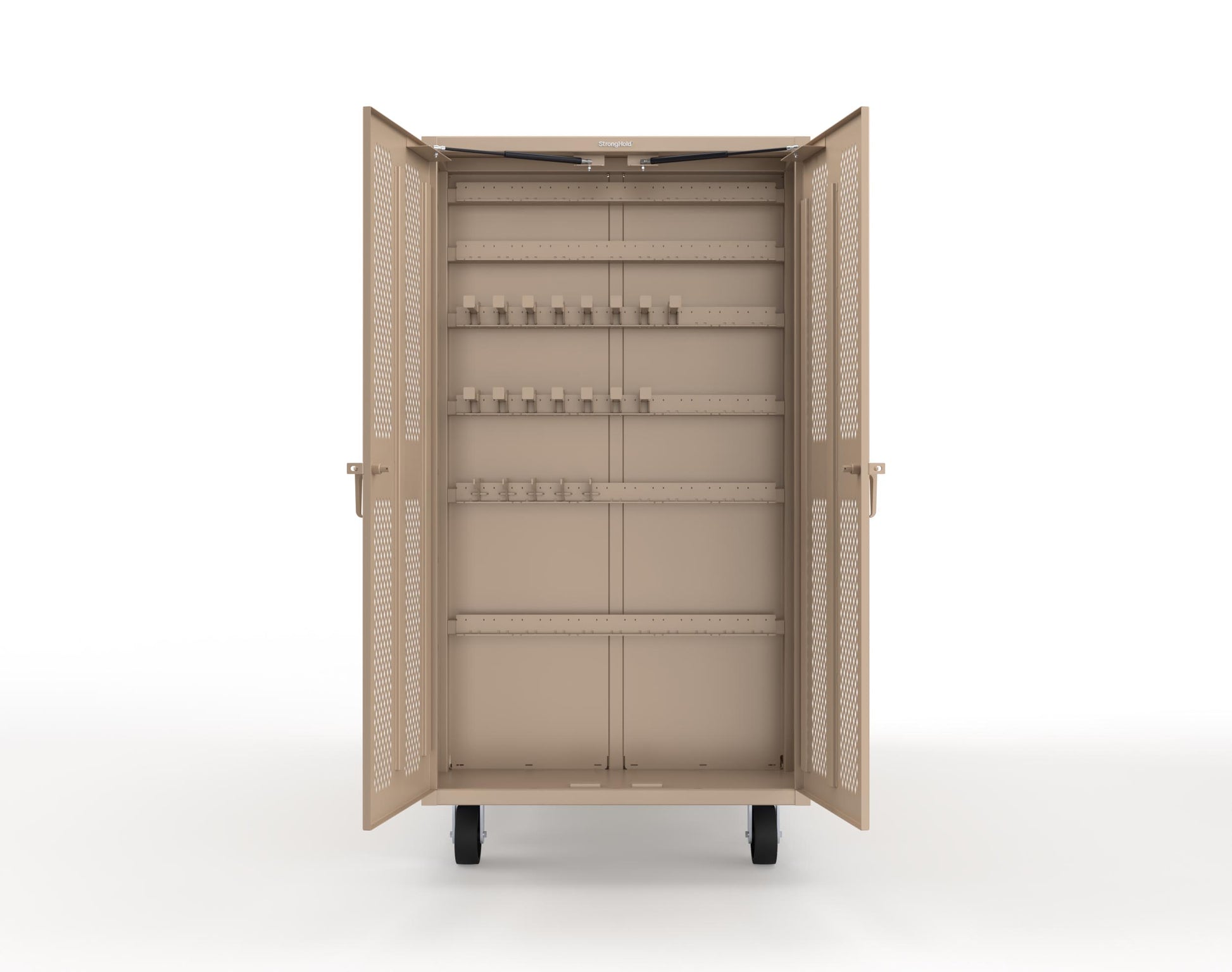 Extreme Duty Mobile Rigging Cabinet with 2 sets of 2 Ventilated Sliding Doors and 2 sets of 2 Ventilated Swing Doors with Short and Long Hangers - 86 in. W x 50 in. D x 100 in. H - 7.27.6-4V-500-2SLD-2ED-40SH-16LH-FLP-CA-1019
