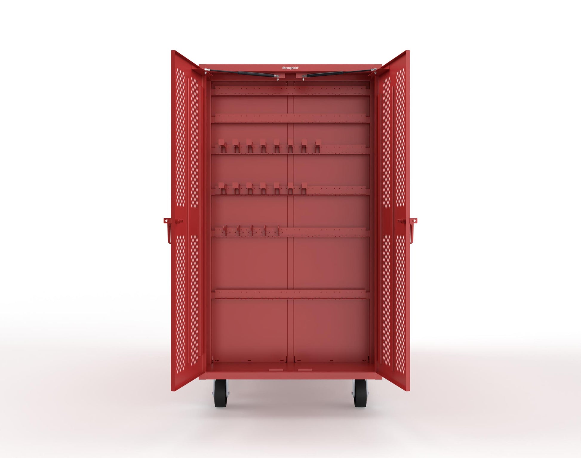 Extreme Duty Mobile Rigging Cabinet with 2 sets of 2 Ventilated Sliding Doors and 2 sets of 2 Ventilated Swing Doors with Short and Long Hangers - 86 in. W x 50 in. D x 100 in. H - 7.27.6-4V-500-2SLD-2ED-40SH-16LH-FLP-CA-3001
