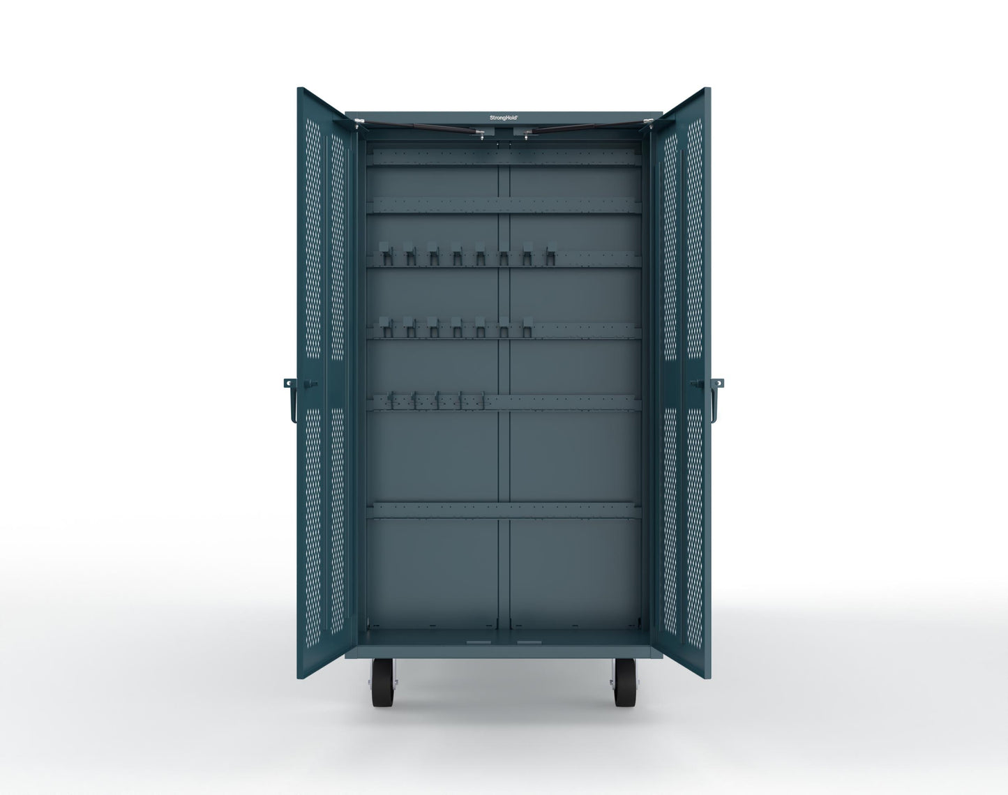 Extreme Duty Mobile Rigging Cabinet with 2 sets of 2 Ventilated Sliding Doors and 2 sets of 2 Ventilated Swing Doors with Short and Long Hangers - 86 in. W x 50 in. D x 100 in. H - 7.27.6-4V-500-2SLD-2ED-40SH-16LH-FLP-CA-5001