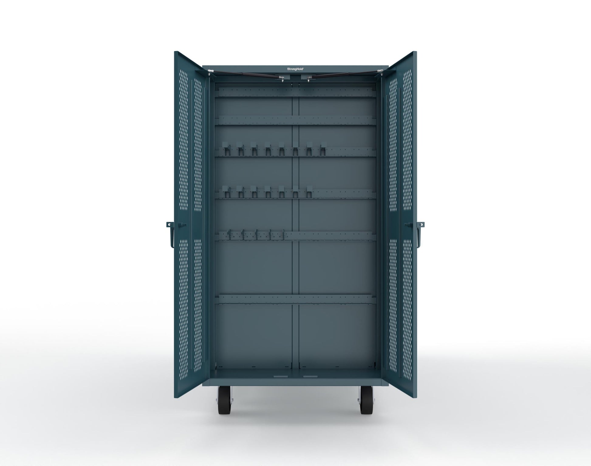 Extreme Duty Mobile Rigging Cabinet with 2 sets of 2 Ventilated Sliding Doors and 2 sets of 2 Ventilated Swing Doors with Short and Long Hangers - 86 in. W x 50 in. D x 100 in. H - 7.27.6-4V-500-2SLD-2ED-40SH-16LH-FLP-CA-5001