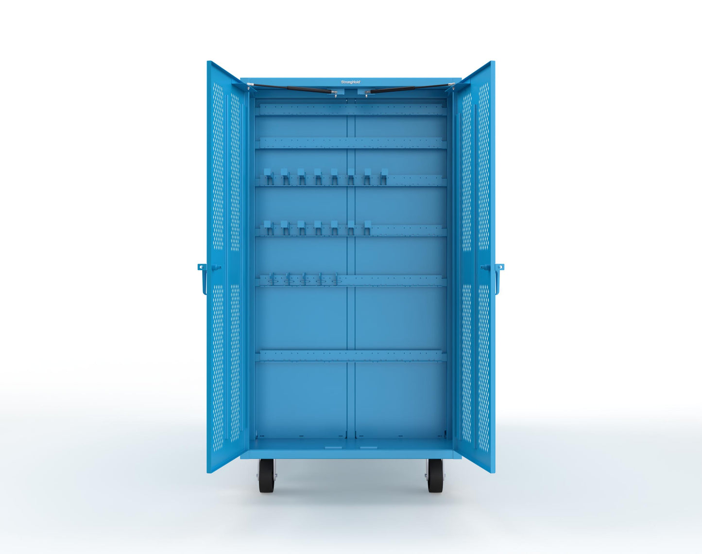 Extreme Duty Mobile Rigging Cabinet with 2 sets of 2 Ventilated Sliding Doors and 2 sets of 2 Ventilated Swing Doors with Short and Long Hangers - 86 in. W x 50 in. D x 100 in. H - 7.27.6-4V-500-2SLD-2ED-40SH-16LH-FLP-CA-5012
